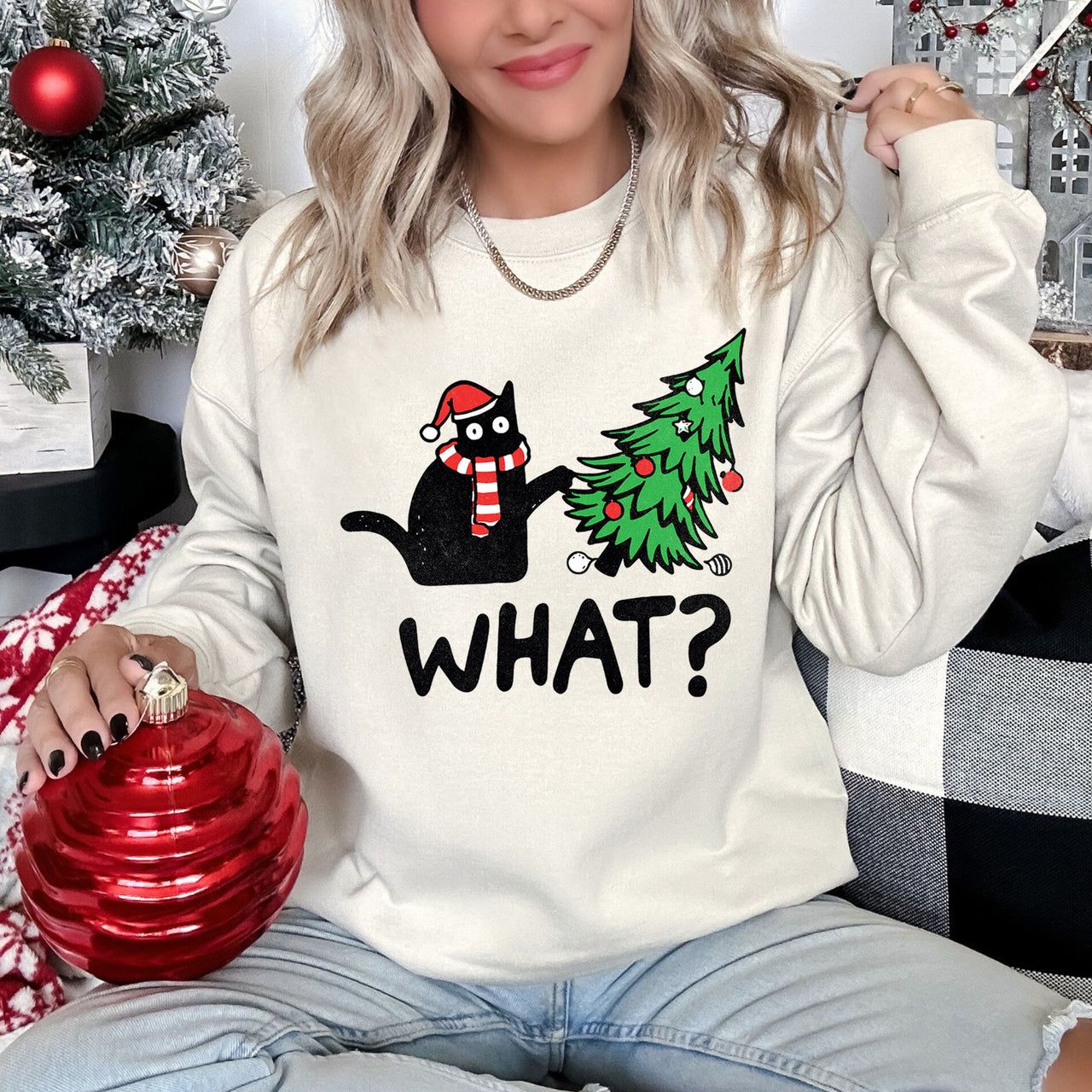 Bad Cat Christmas Tree What Holiday Feline Humor Cozy Quirky Mischief Artwork For Cat Lovers Sweatshirt