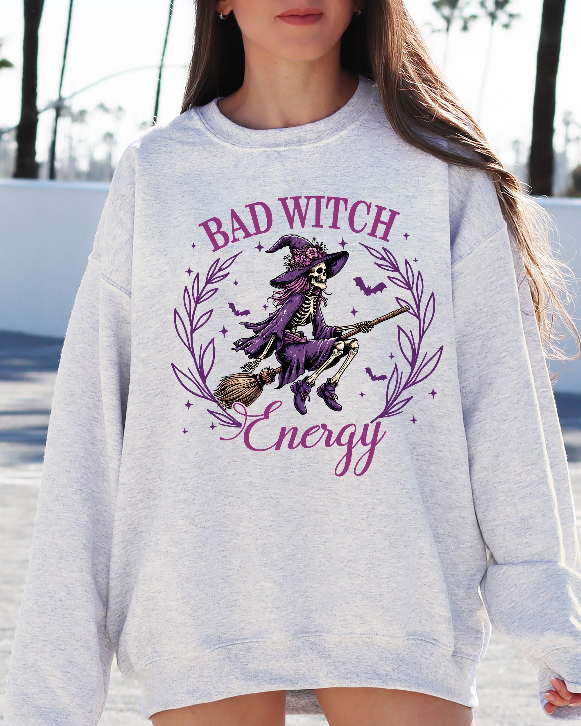 Bad Witch Energy Halloween Broom Skeleton Spooky Witch Vibes Cozy Soft Sweatshirt