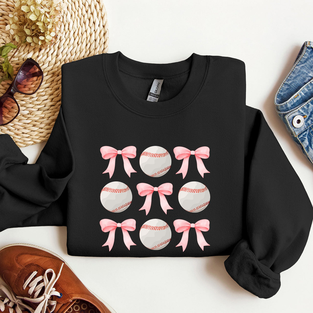 Baseball Pink Bows Mother Mama Sports Coquette Vintage Inspired Cozy Heartfelt Fan Mom Sweatshirt