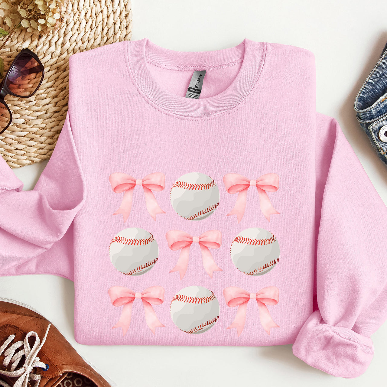Baseball Pink Bows Mother Mama Sports Coquette Vintage Inspired Cozy Heartfelt Fan Mom Sweatshirt