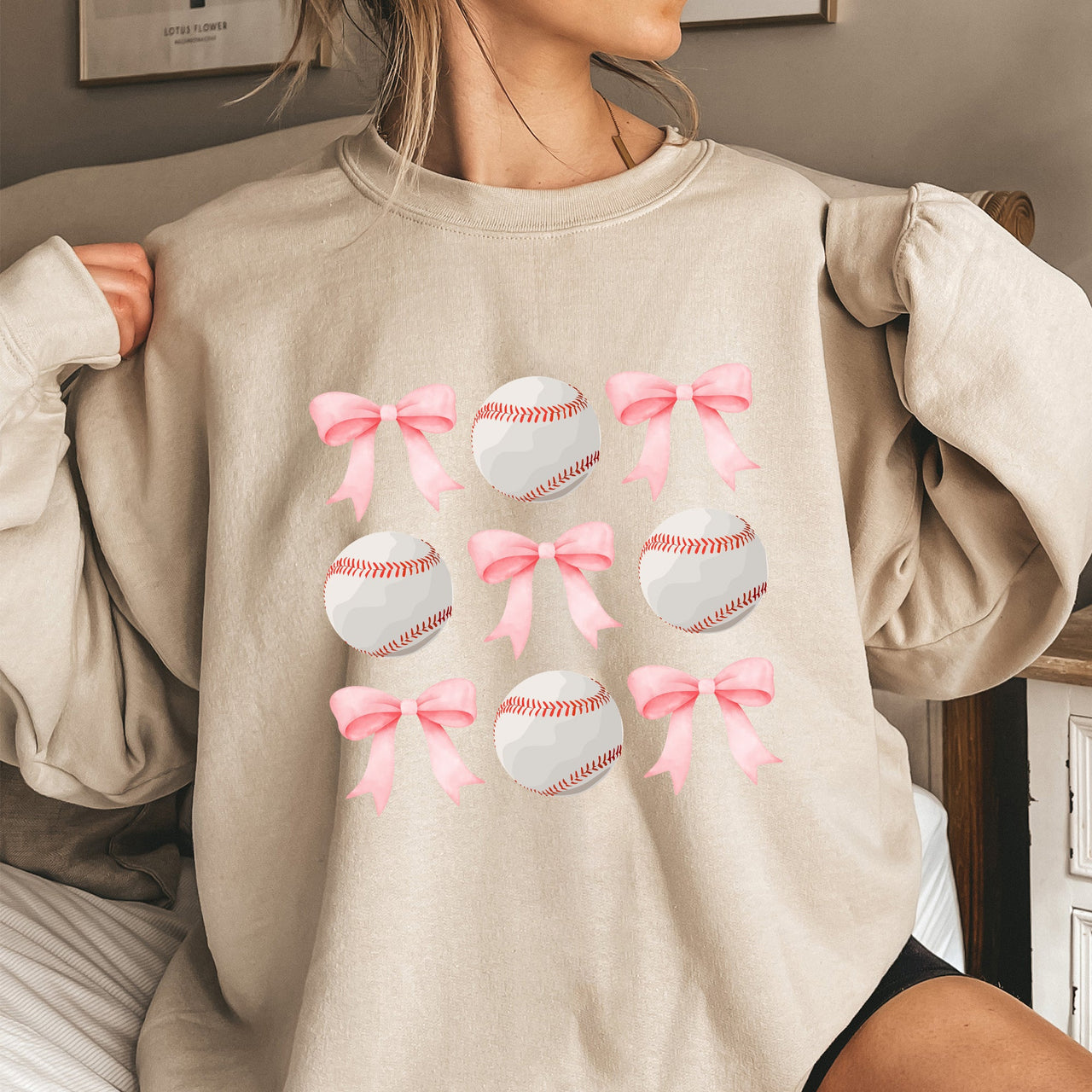 Baseball Pink Bows Mother Mama Sports Coquette Vintage Inspired Cozy Heartfelt Fan Mom Sweatshirt