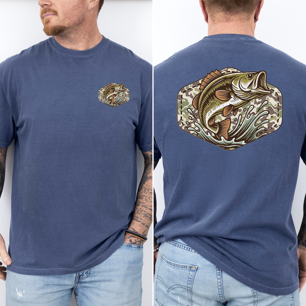 Bass Fishing Camouflage Old School Outdoorsman Print Inspired By Riverbank Angling Comfort Colors Tee