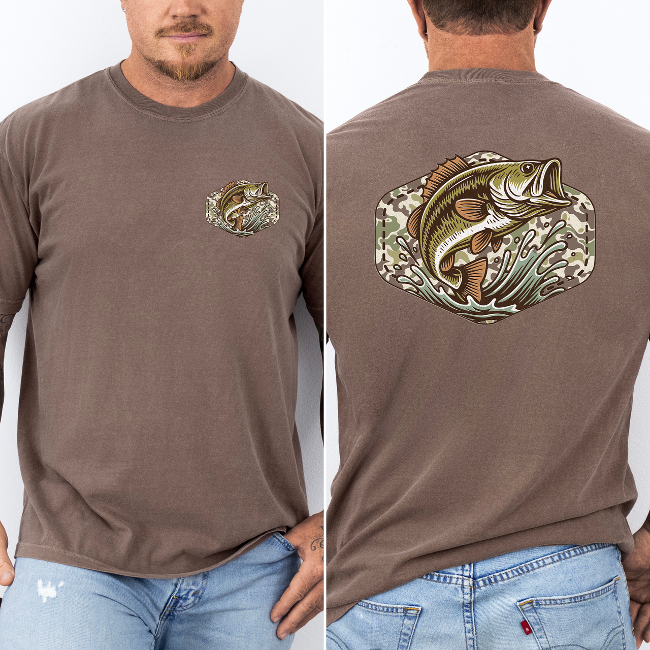 Bass Fishing Camouflage Old School Outdoorsman Print Inspired By Riverbank Angling Comfort Colors Tee