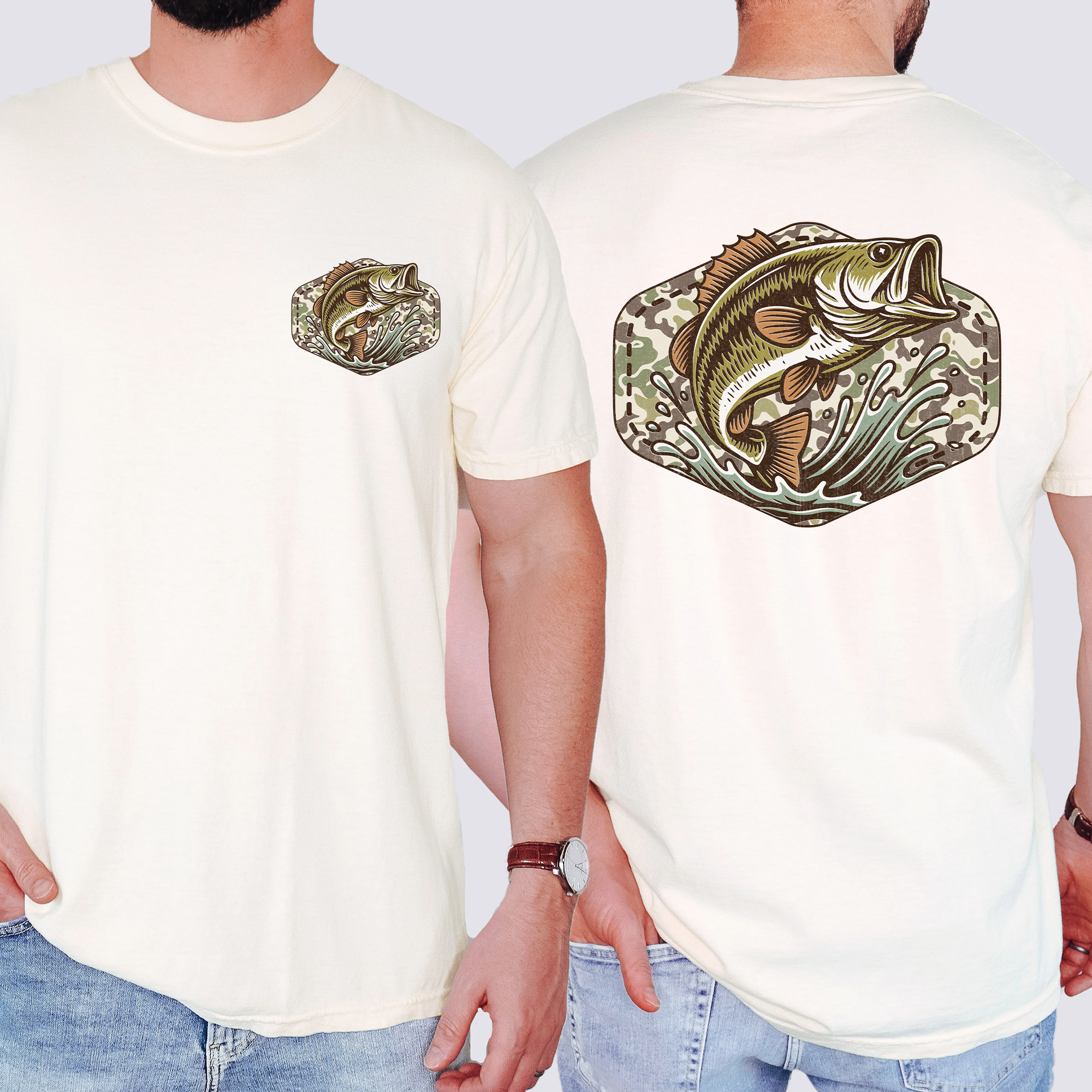 Bass Fishing Camouflage Old School Outdoorsman Print Inspired By Riverbank Angling Comfort Colors Tee