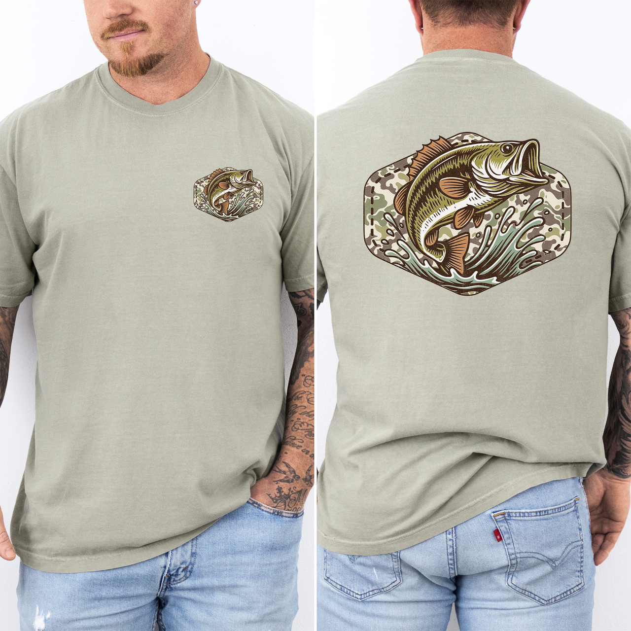 Bass Fishing Camouflage Old School Outdoorsman Print Inspired By Riverbank Angling Comfort Colors Tee