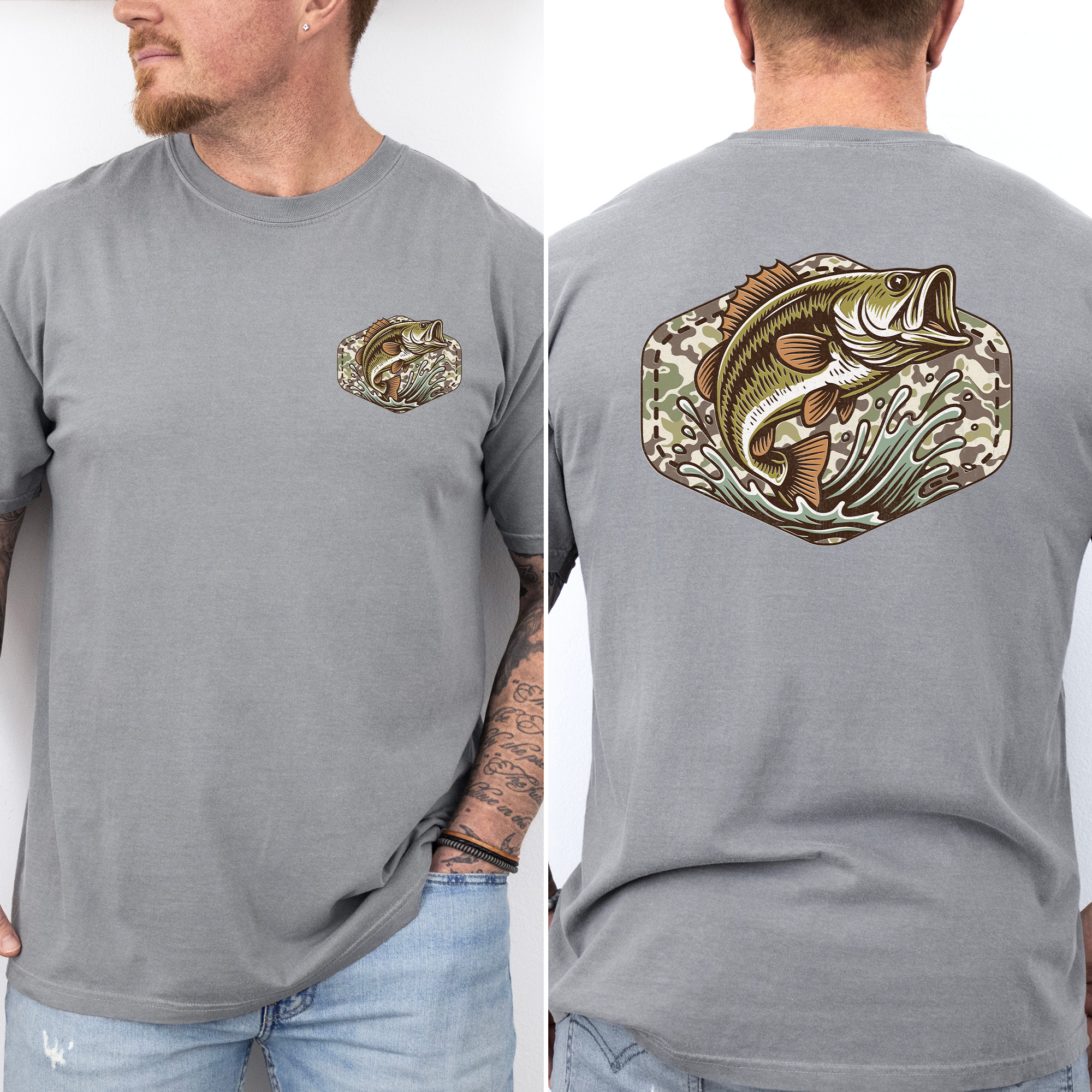 Bass Fishing Camouflage Old School Outdoorsman Print Inspired By Riverbank Angling Comfort Colors Tee