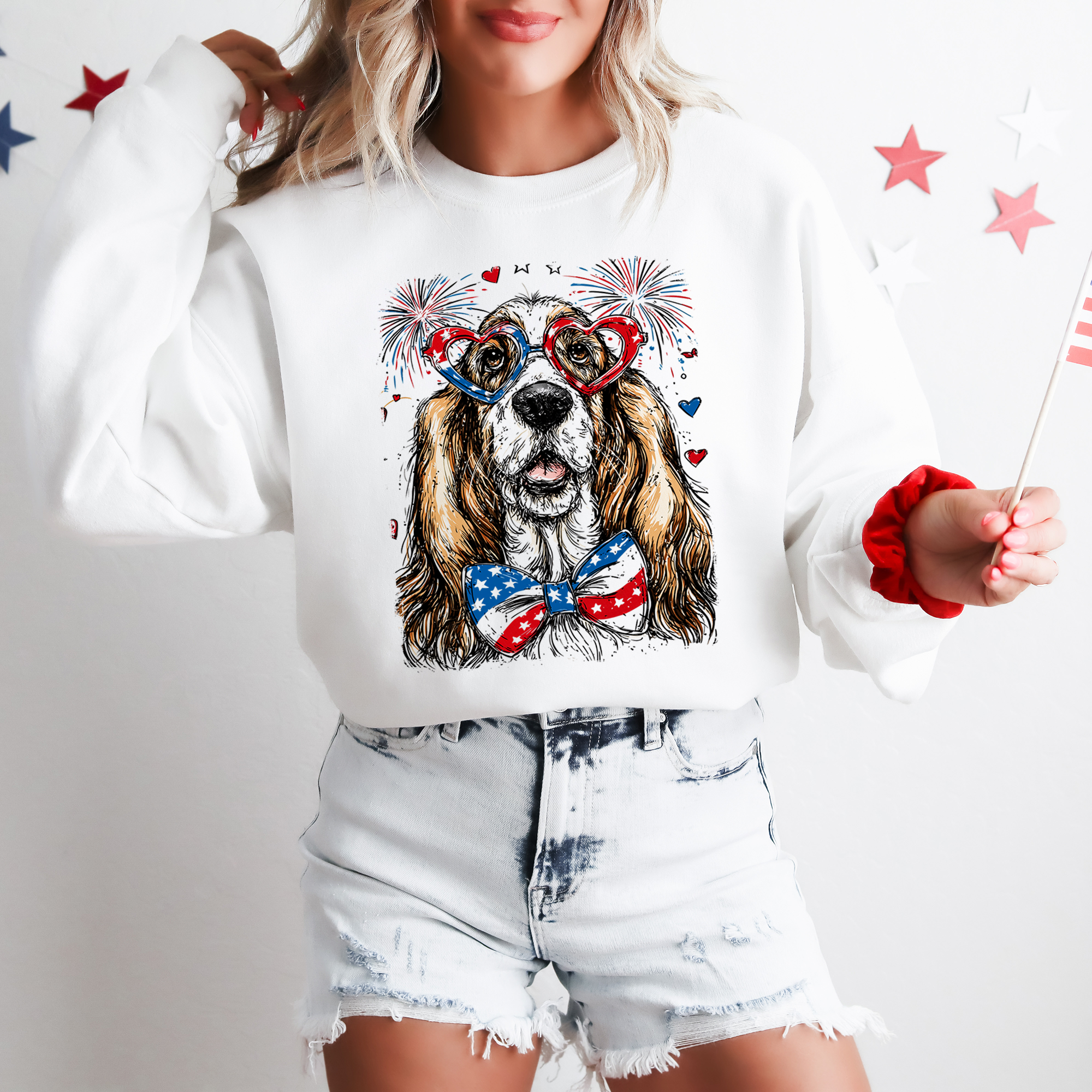 Basset Hound Patriotic Dog USA Flag Patch Independence Day Edition All American Sweatshirt