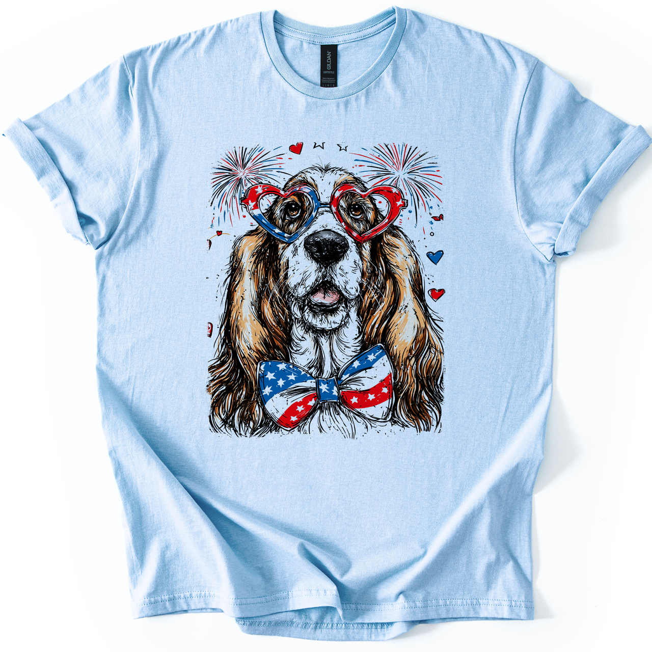 Basset Hound Patriotic Dog USA American Flag Fourth Of July Pet Lover Graphic Tee