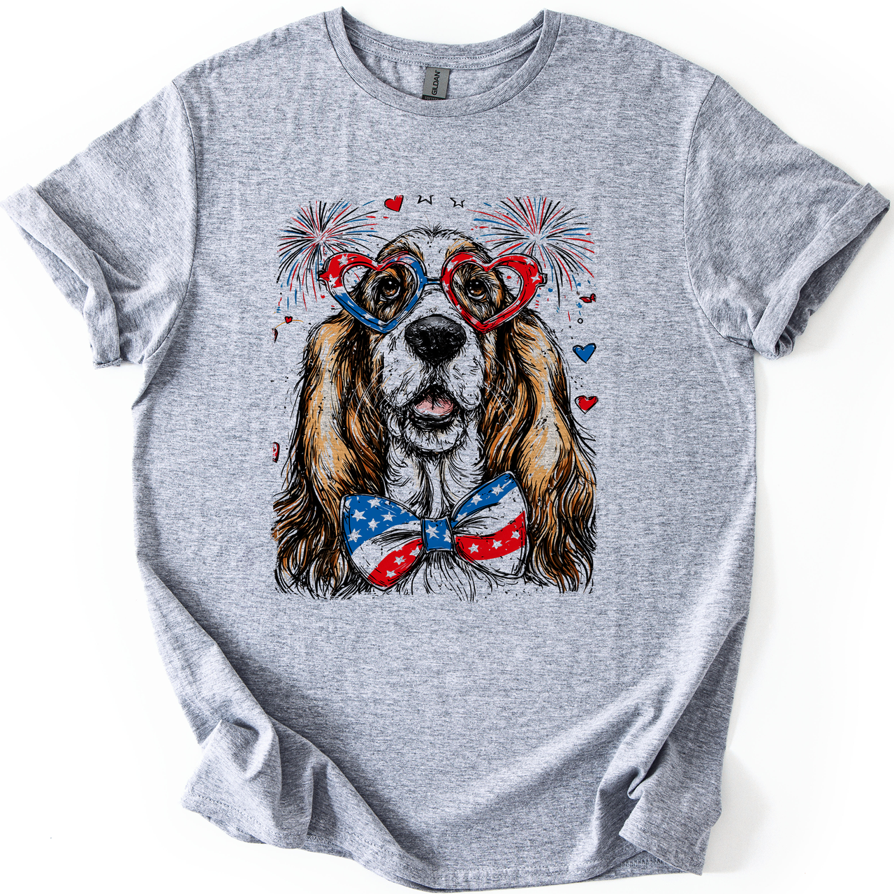 Basset Hound Patriotic Dog USA American Flag Fourth Of July Pet Lover Graphic Tee