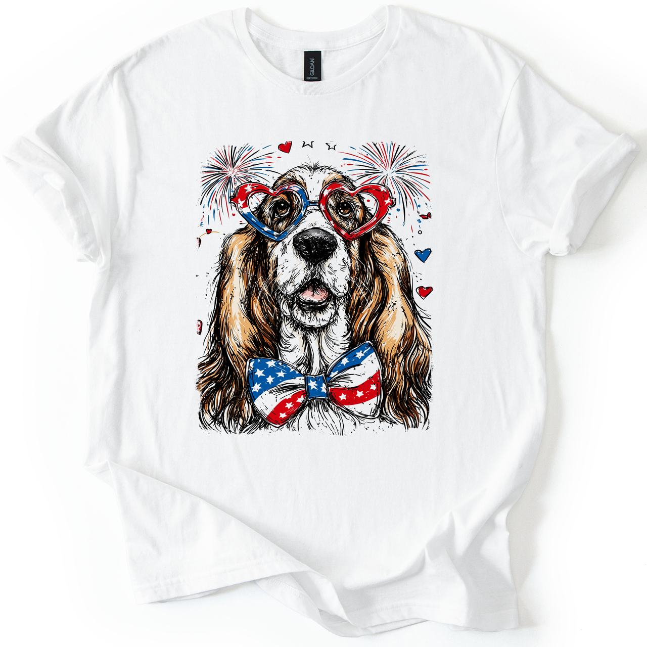 Basset Hound Patriotic Dog USA American Flag Fourth Of July Pet Lover Graphic Tee