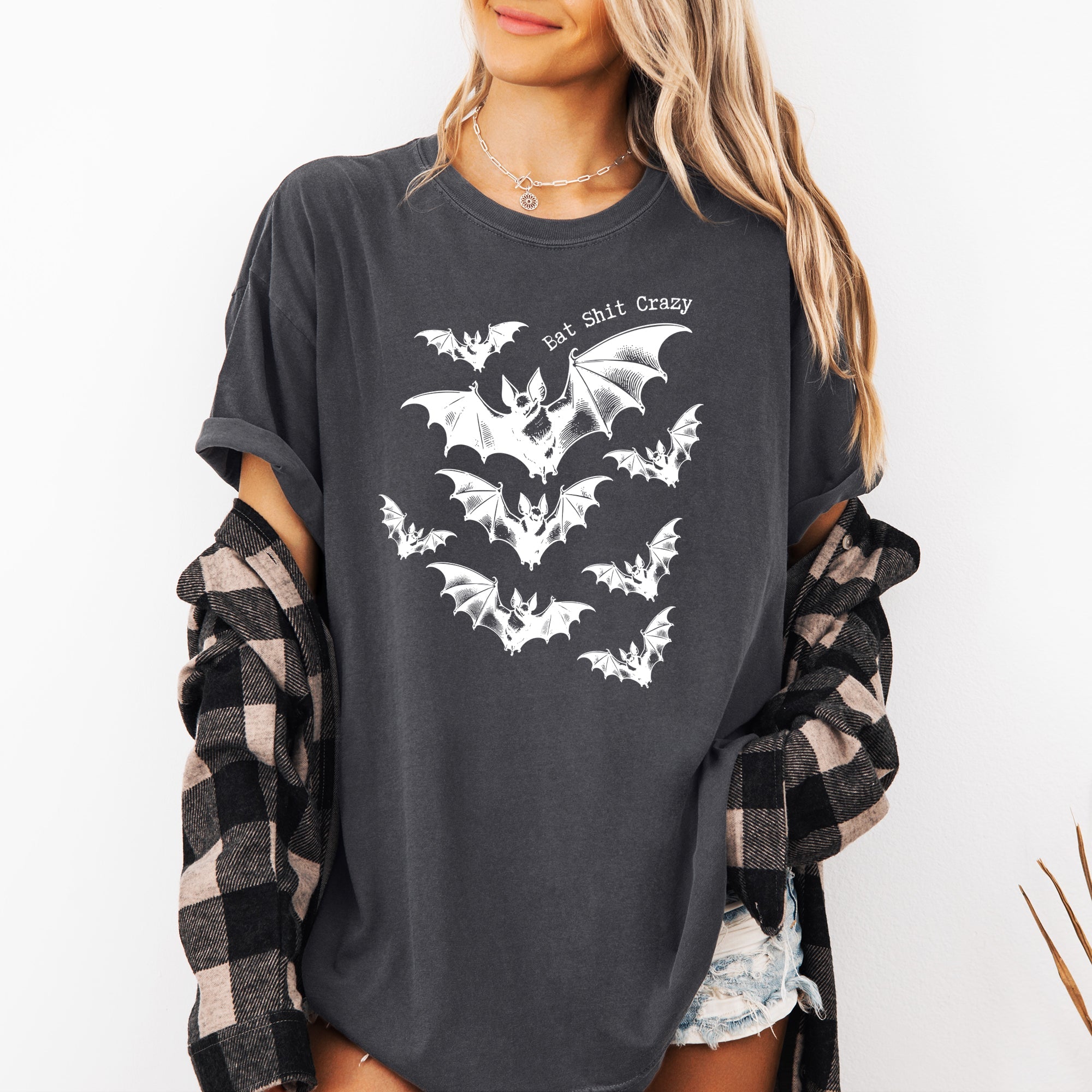Bat Shit Crazy Halloween Spooky Witch Bats Haunted Night Sky Silhouette Comfort Colors Tee