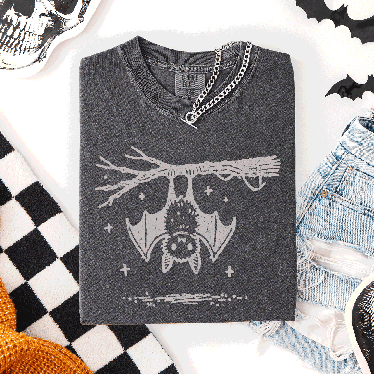 Cute Bat Halloween Nightfall Spooky Silhouette Adorable Creature Comfort Colors Tee