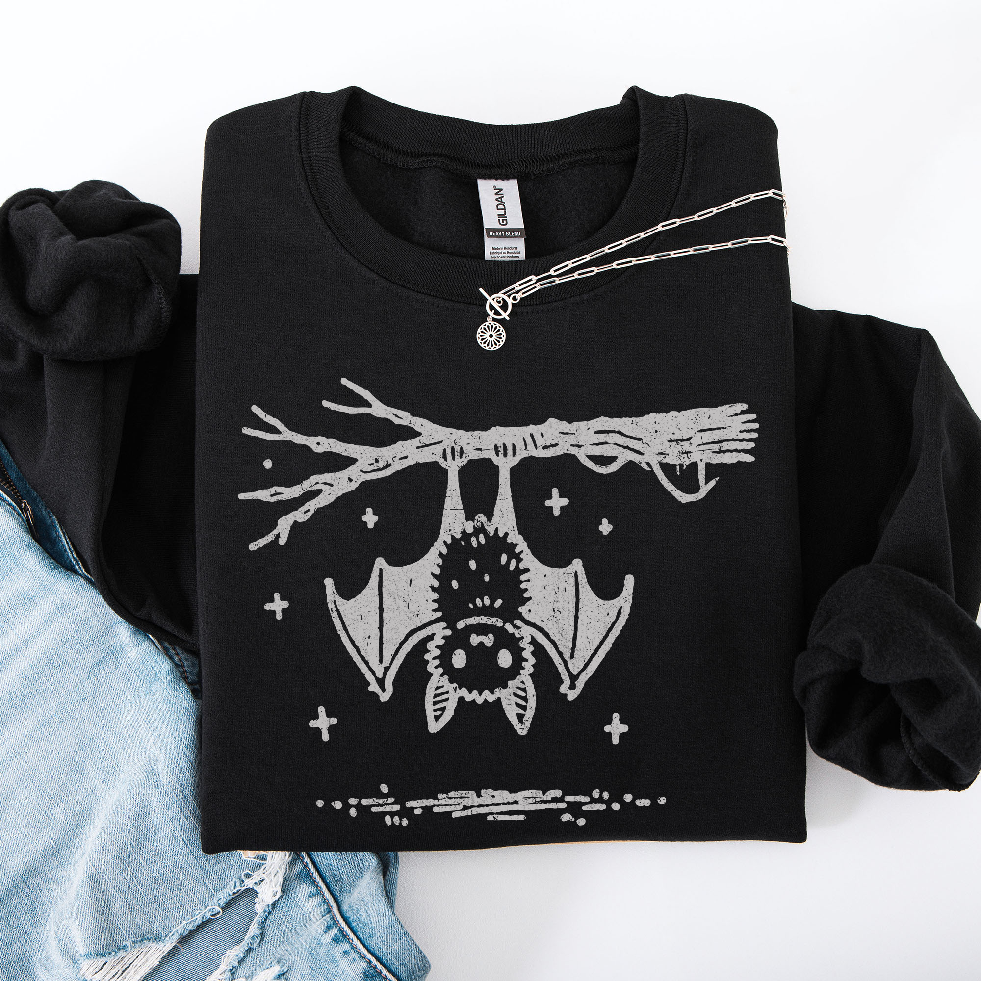 Bat Cute Adorable Halloween Graphic Illustration Cozy Fleece Playful Autumn Nightfall Sweatshirt