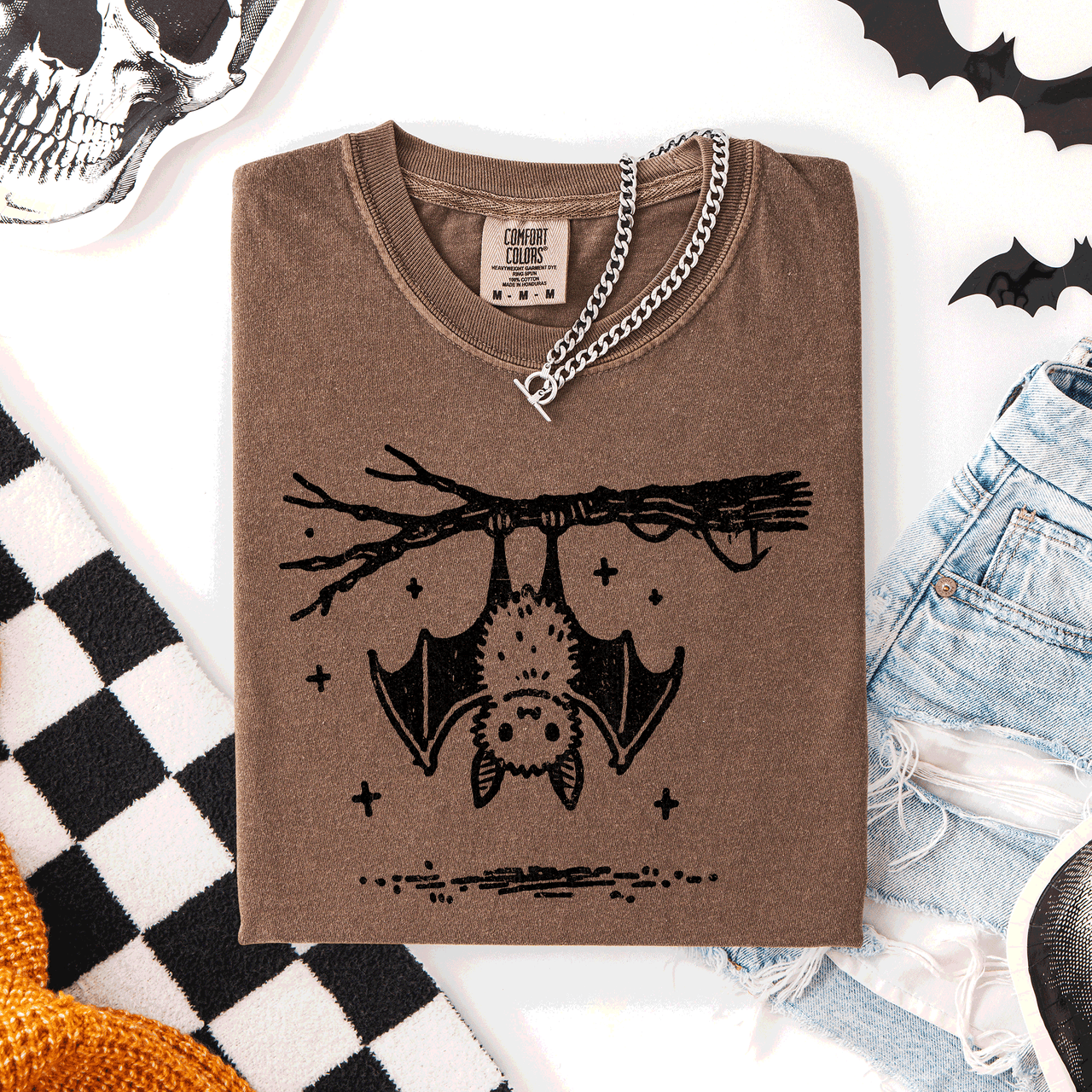 Cute Bat Halloween Nightfall Spooky Silhouette Adorable Creature Comfort Colors Tee