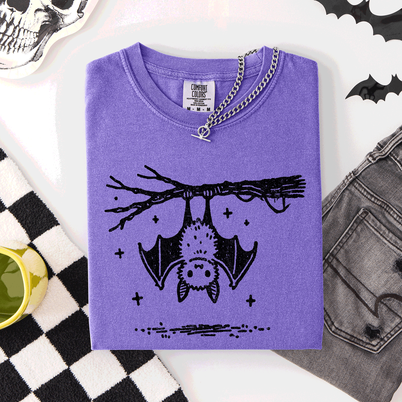 Cute Bat Halloween Nightfall Spooky Silhouette Adorable Creature Comfort Colors Tee