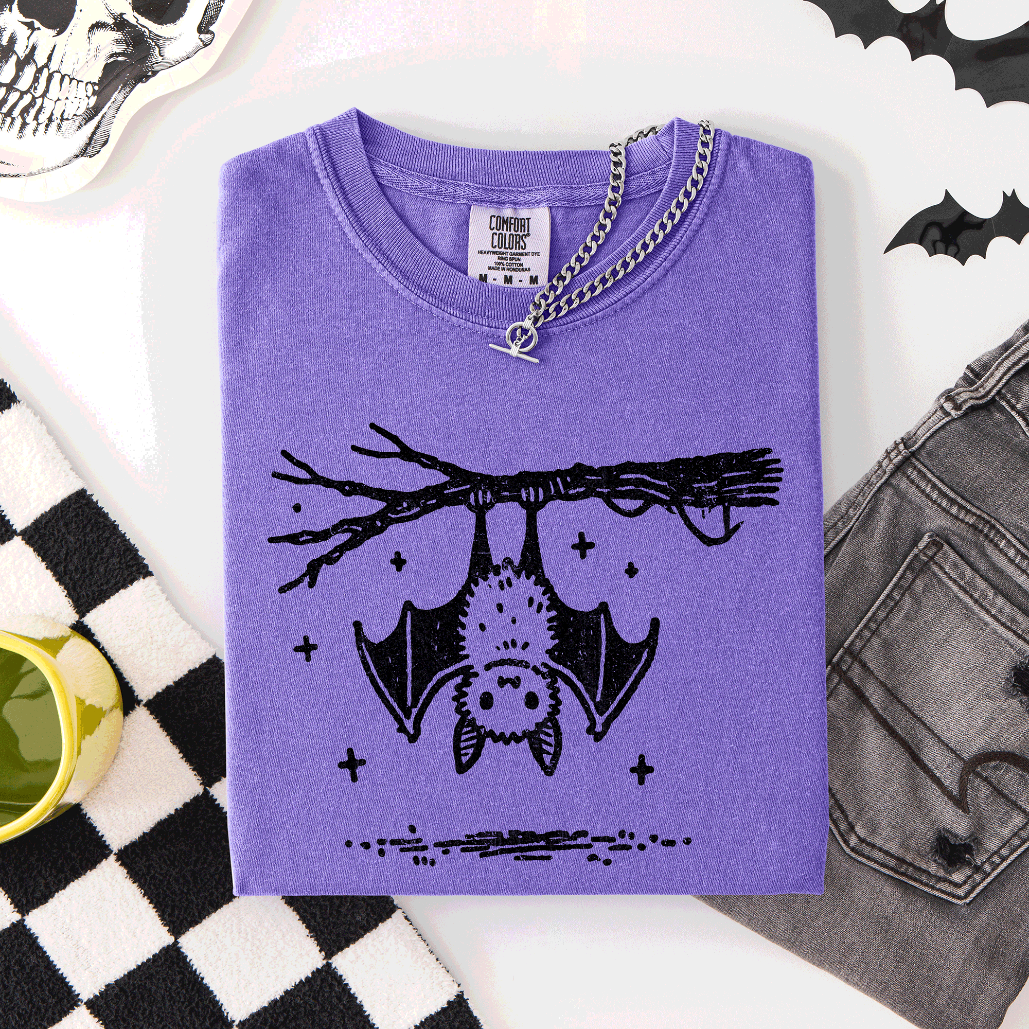 Cute Bat Halloween Nightfall Spooky Silhouette Adorable Creature Comfort Colors Tee