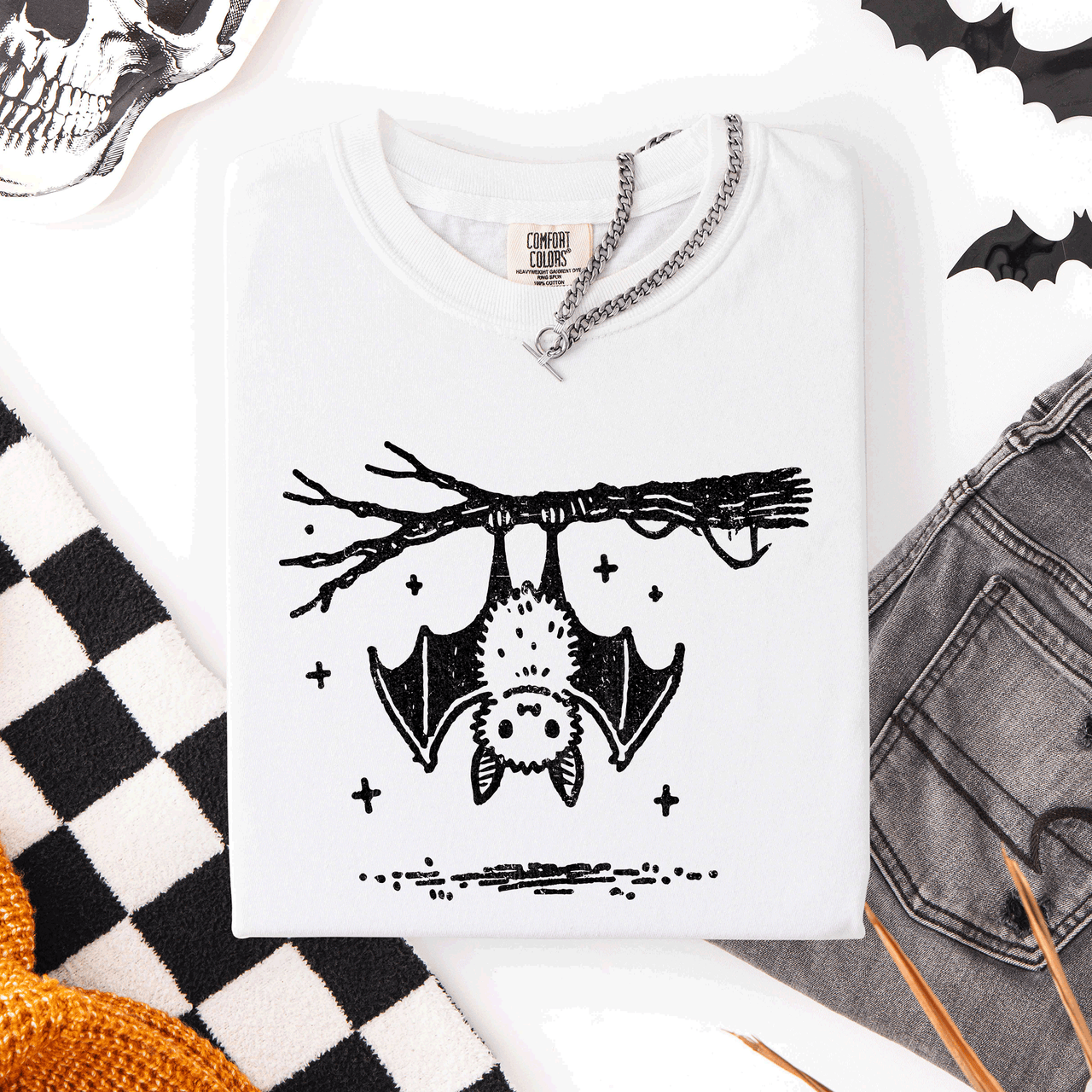 Cute Bat Halloween Nightfall Spooky Silhouette Adorable Creature Comfort Colors Tee