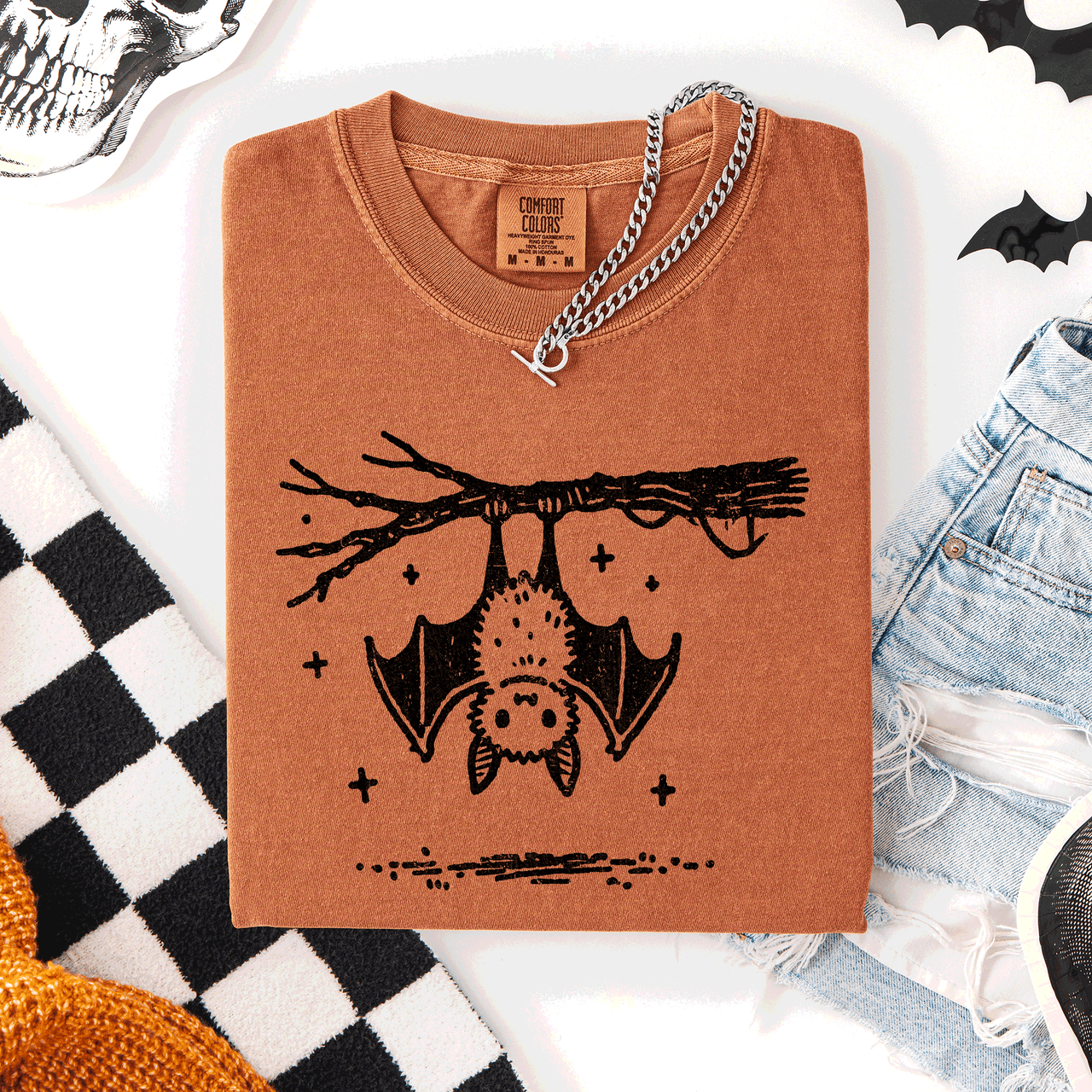Cute Bat Halloween Nightfall Spooky Silhouette Adorable Creature Comfort Colors Tee