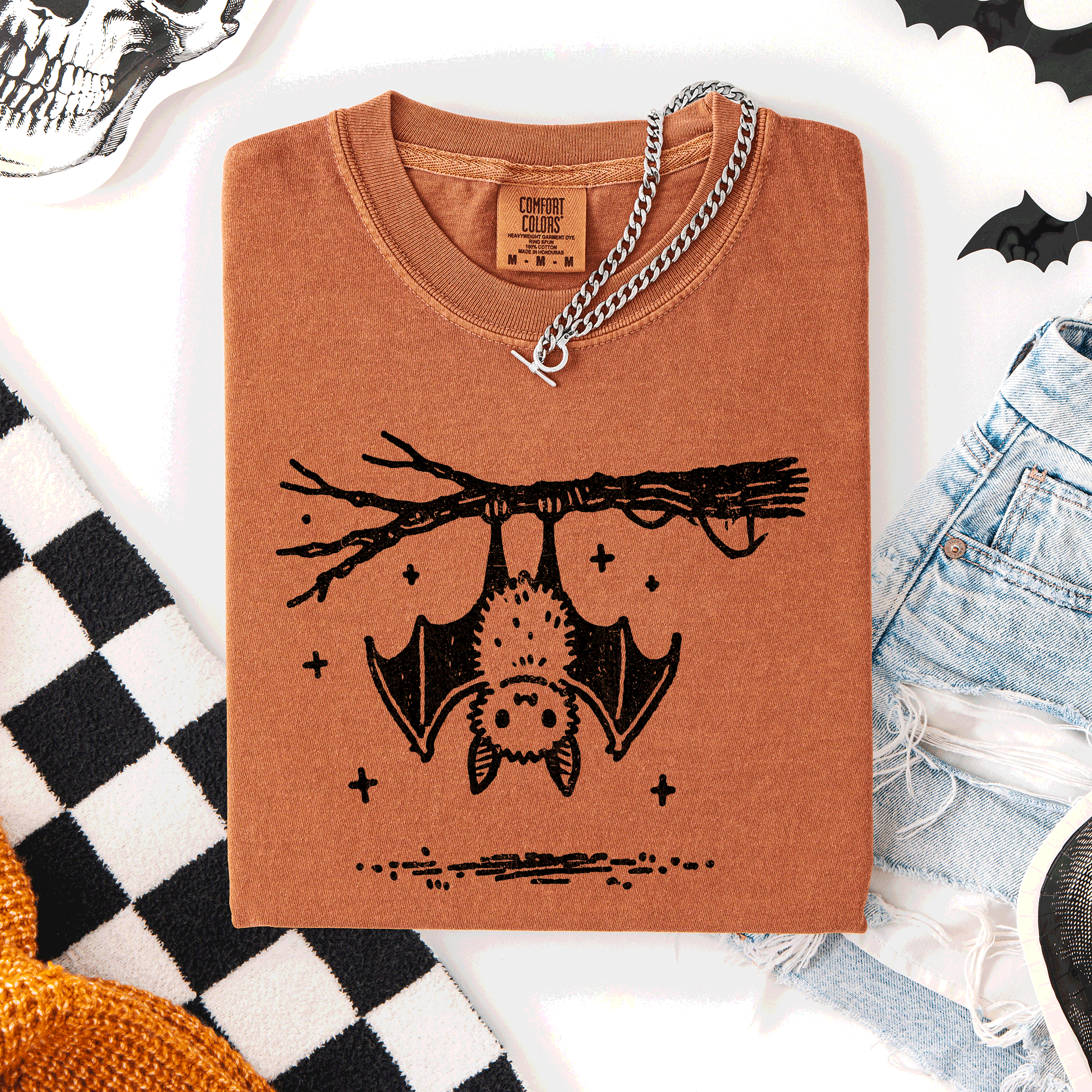 Cute Bat Halloween Nightfall Spooky Silhouette Adorable Creature Comfort Colors Tee