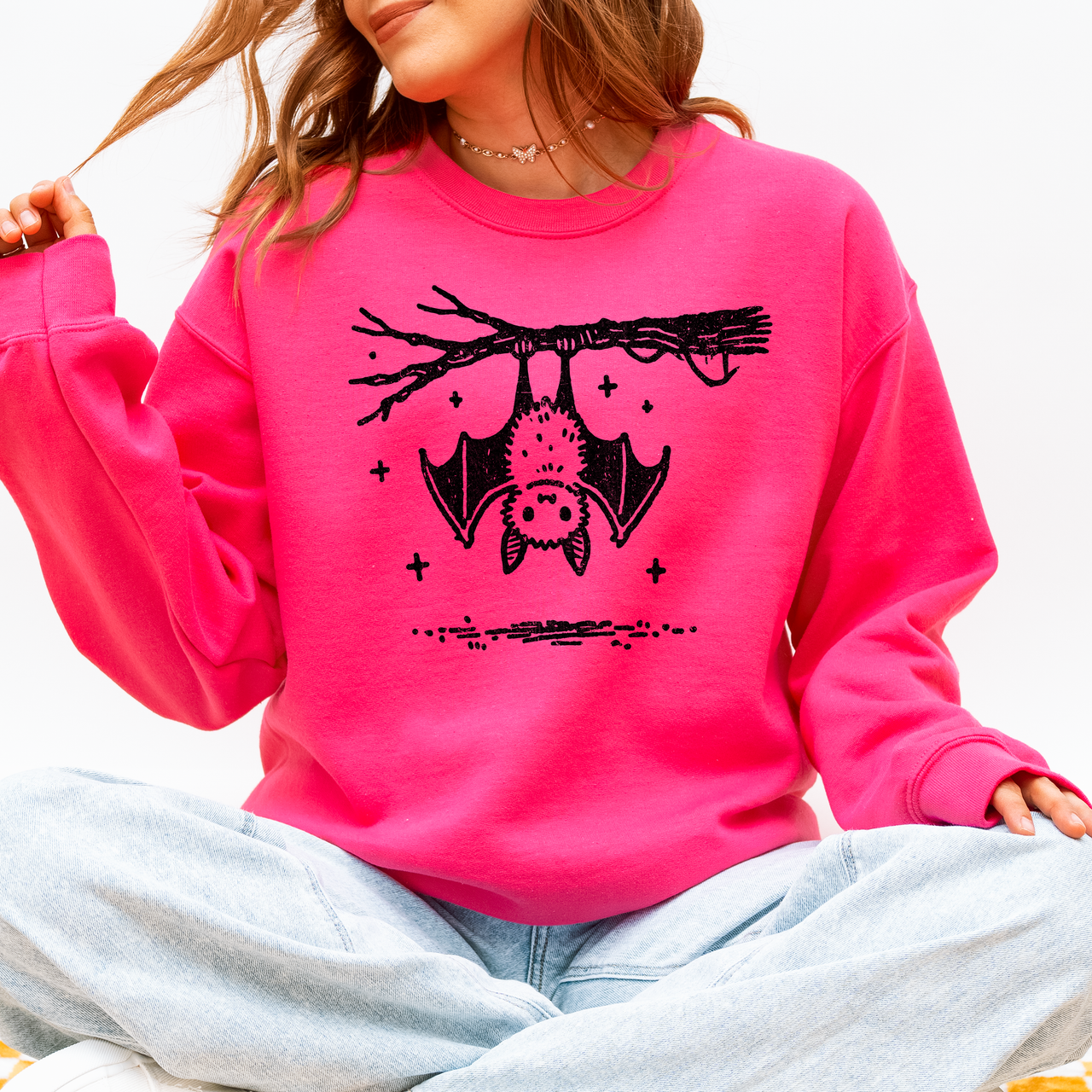 Bat Cute Adorable Halloween Graphic Illustration Cozy Fleece Playful Autumn Nightfall Sweatshirt