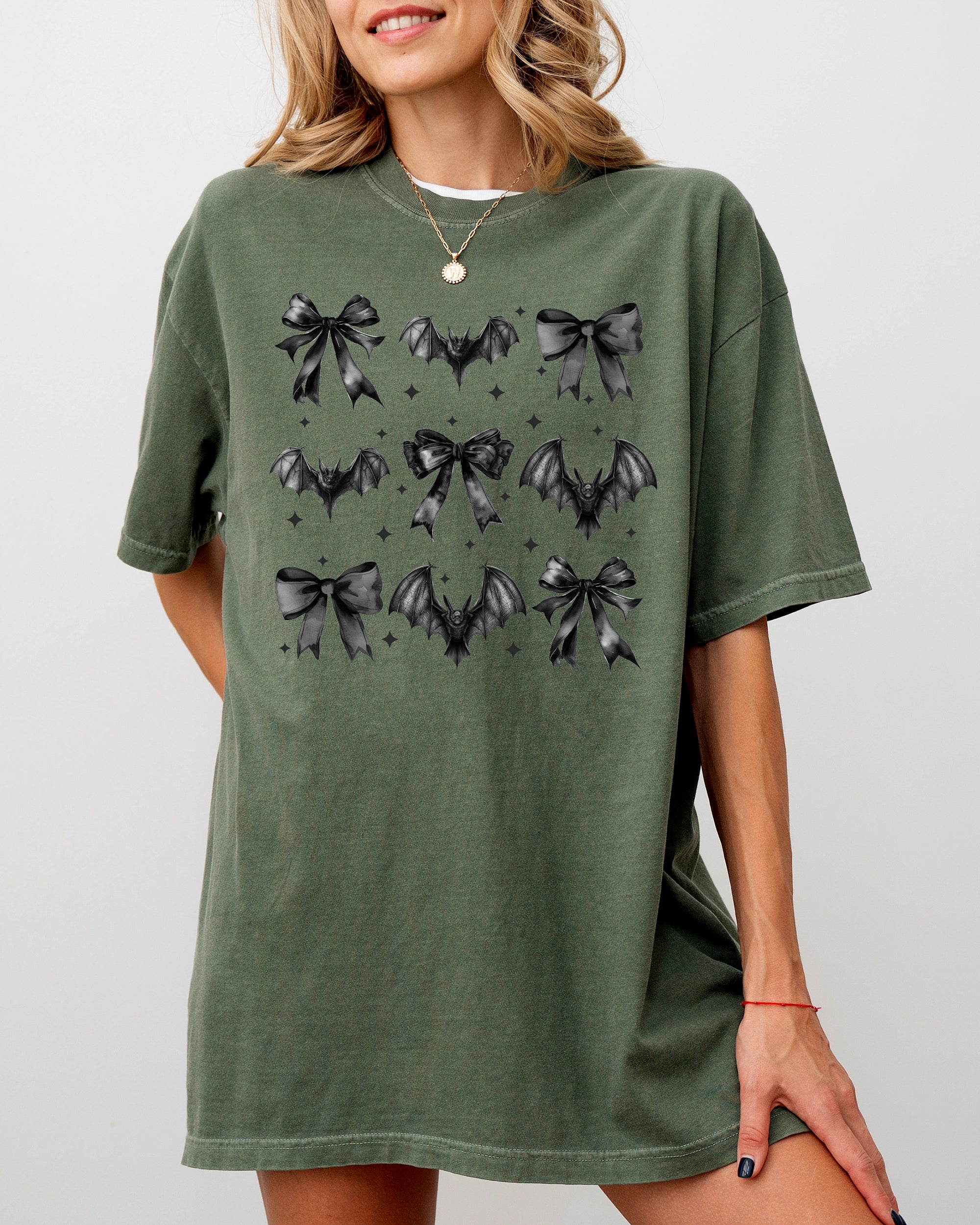 Bats and Black Bows Vampire Coquette Gothic Ribbons Lace Fangs Comfort Colors Tee