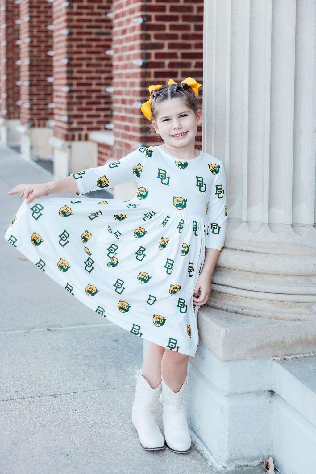 Baylor White Bear 3/4 Sleeve Pocket Twirl Dress