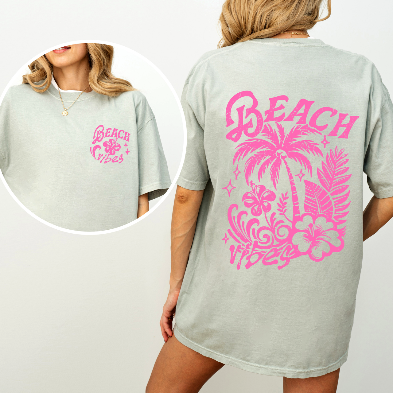 Beach Vibes Floral Hibiscus Retro Summer Front And Back Print Comfort Colors Tee