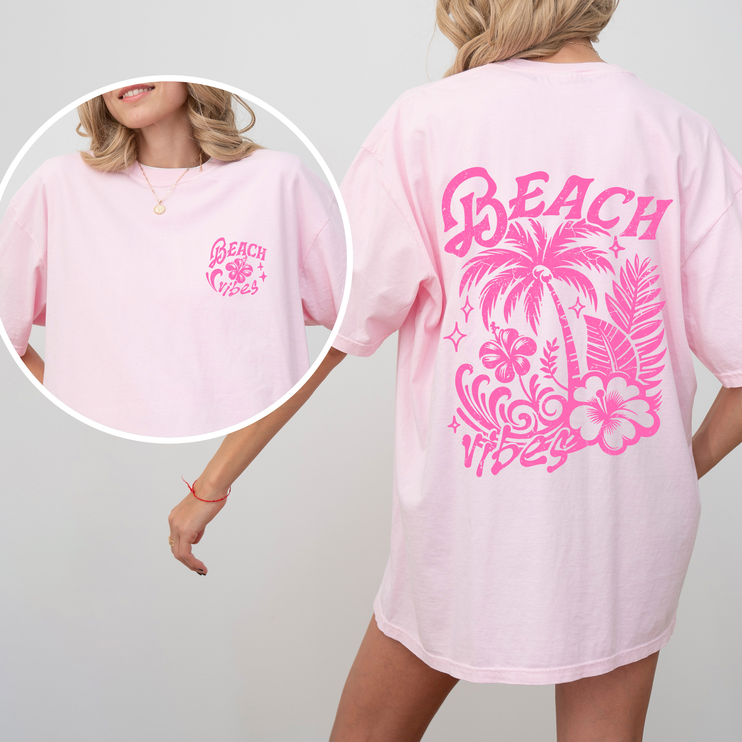 Beach Vibes Floral Hibiscus Retro Summer Front And Back Print Comfort Colors Tee