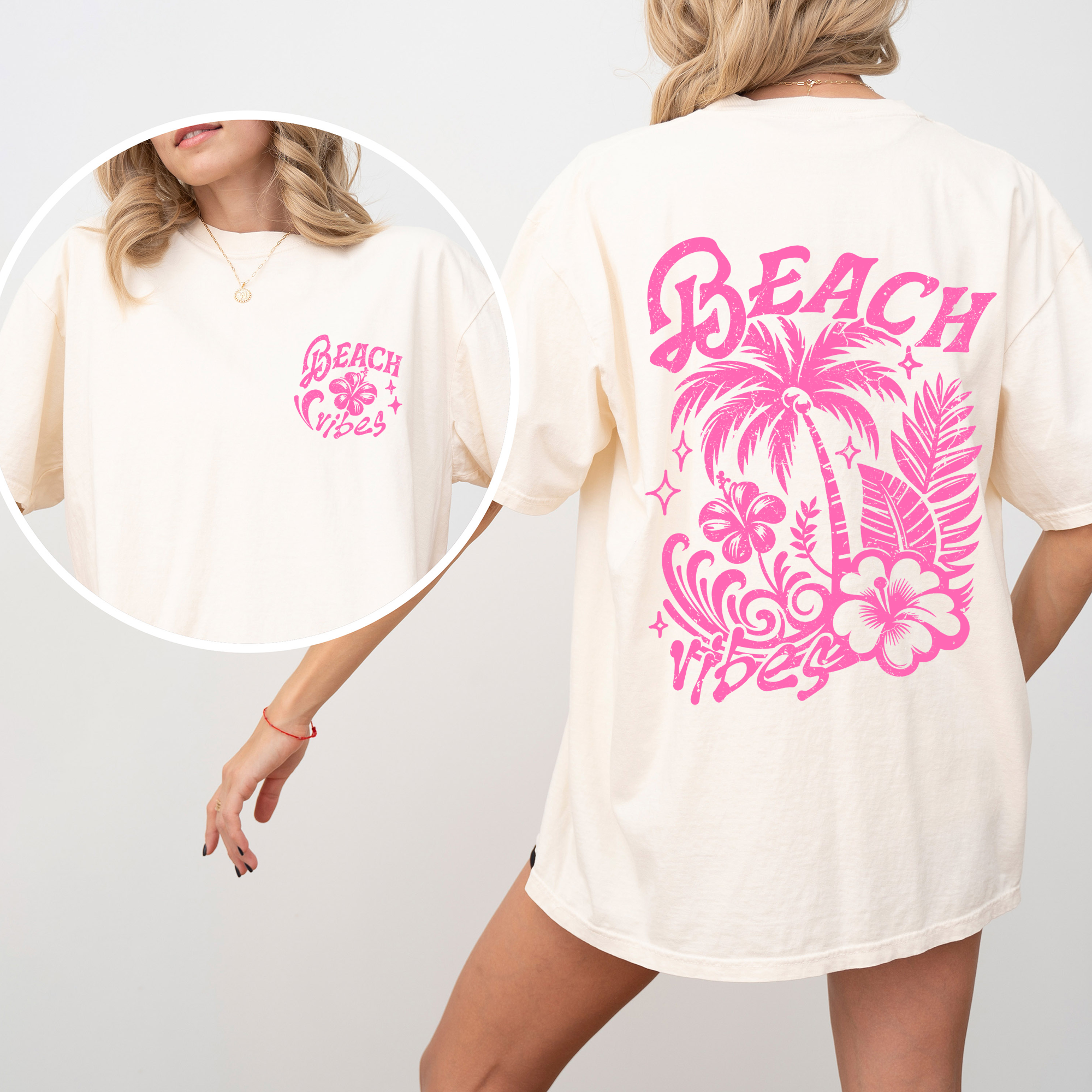 Beach Vibes Floral Hibiscus Retro Summer Front And Back Print Comfort Colors Tee