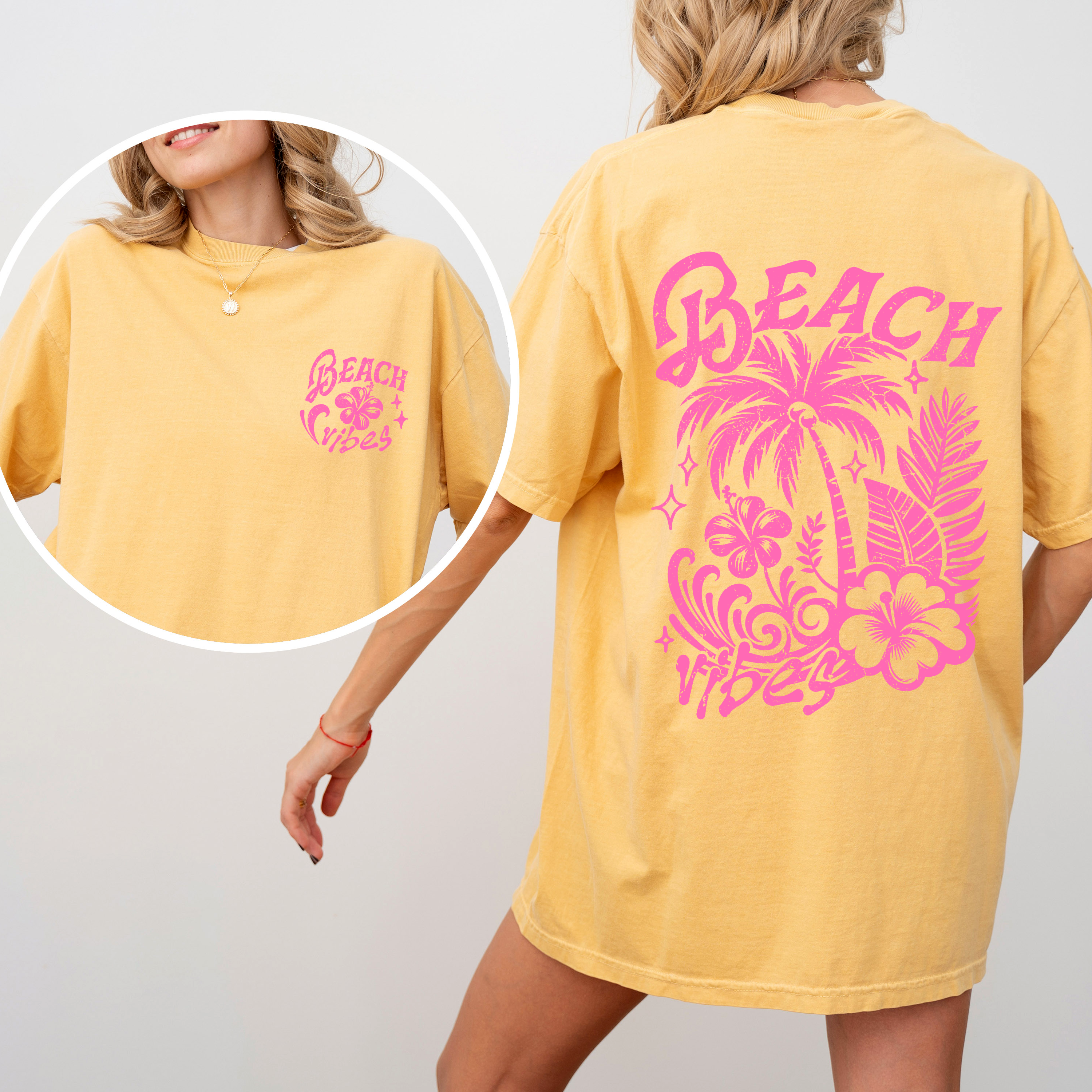 Beach Vibes Floral Hibiscus Retro Summer Front And Back Print Comfort Colors Tee