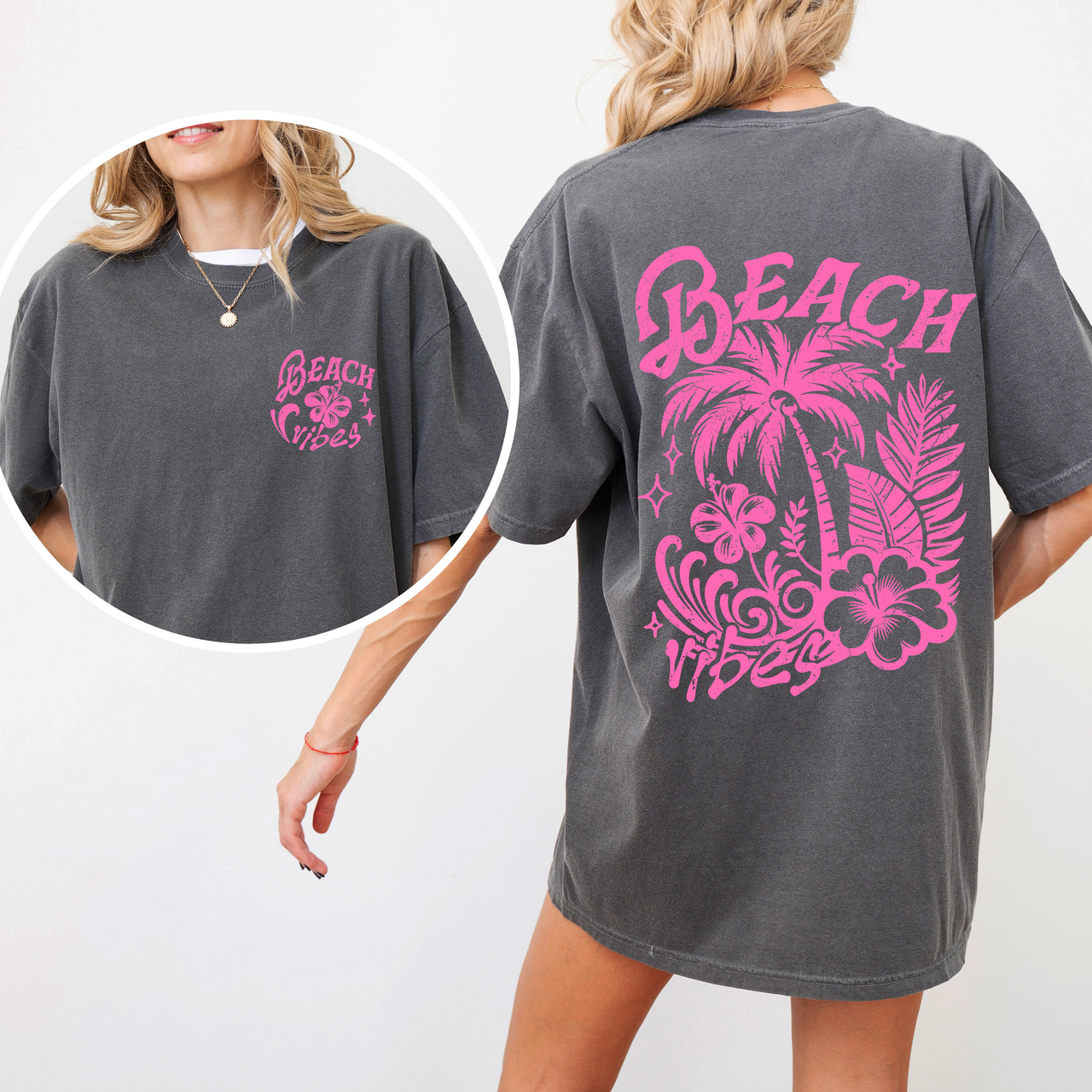 Beach Vibes Floral Hibiscus Retro Summer Front And Back Print Comfort Colors Tee