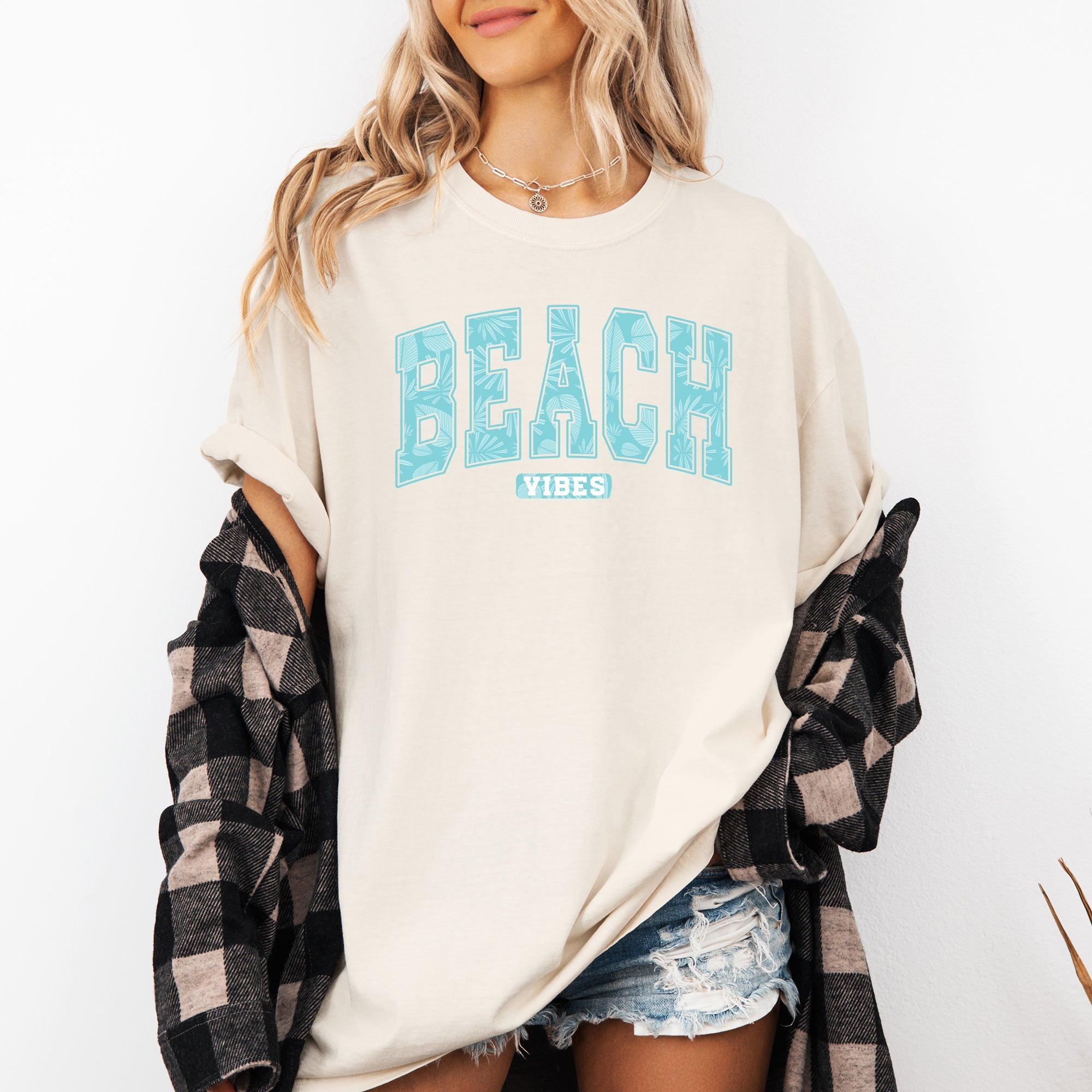 Beach Vibes Varsity Retro Palm Trees Summer Sunset Surfboard Breeze Comfort Colors Tee