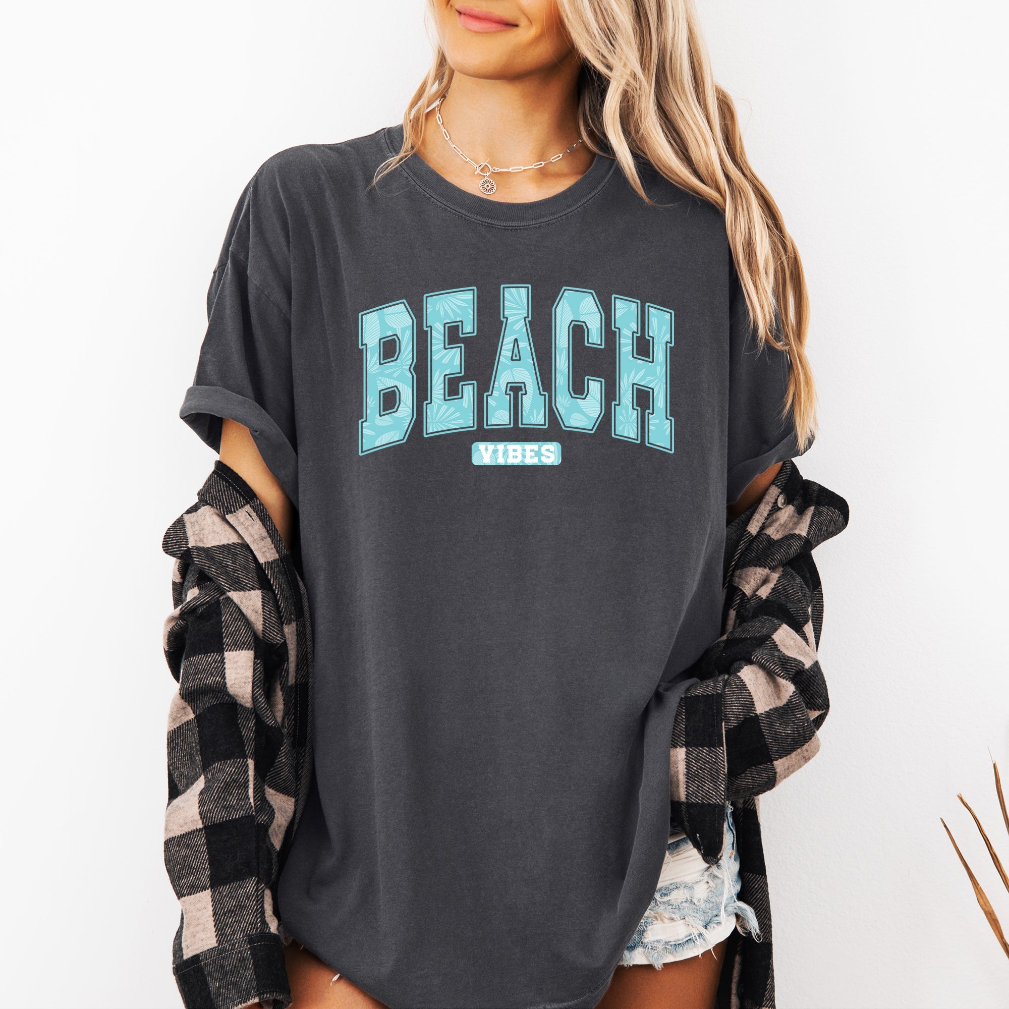 Beach Vibes Varsity Retro Palm Trees Summer Sunset Surfboard Breeze Comfort Colors Tee