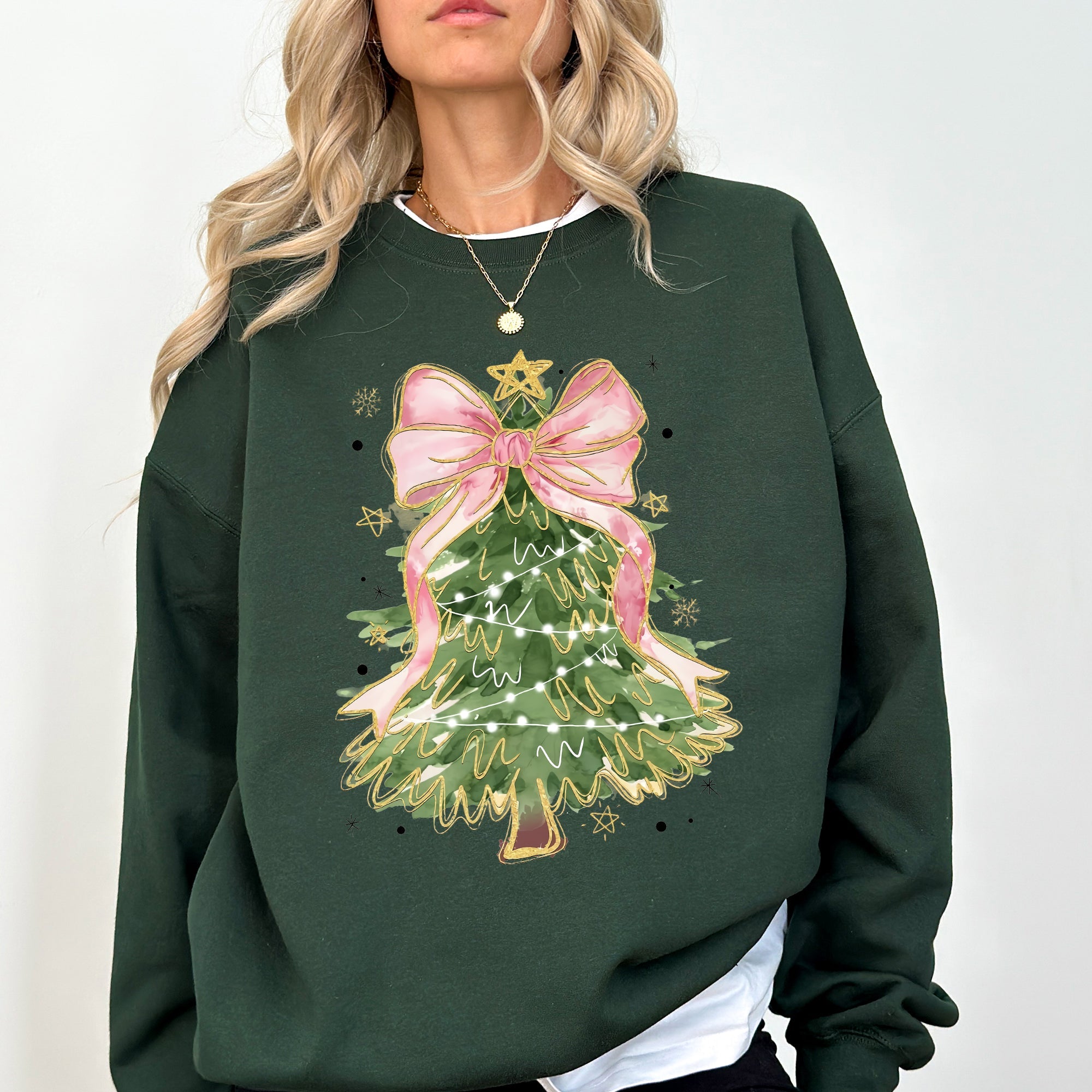 Beautiful Christmas Tree Coquette Ribbon Bows Xmas Ornament Theme Cozy Festive Print Sweatshirt