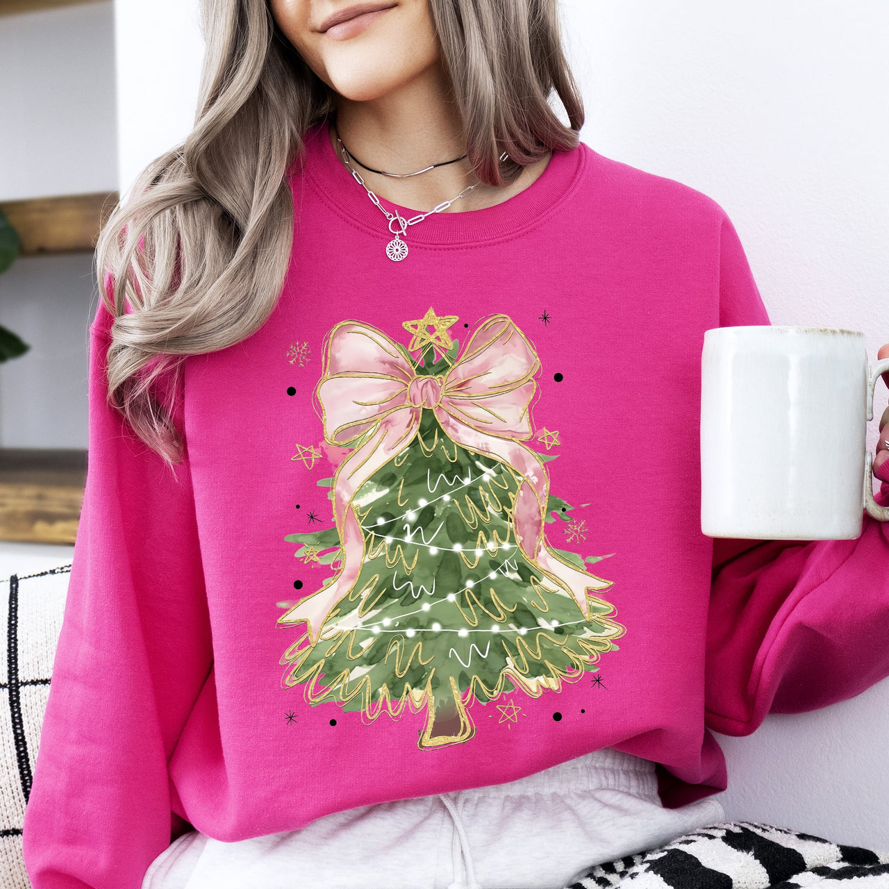 Beautiful Christmas Tree Coquette Ribbon Bows Xmas Ornament Theme Cozy Festive Print Sweatshirt