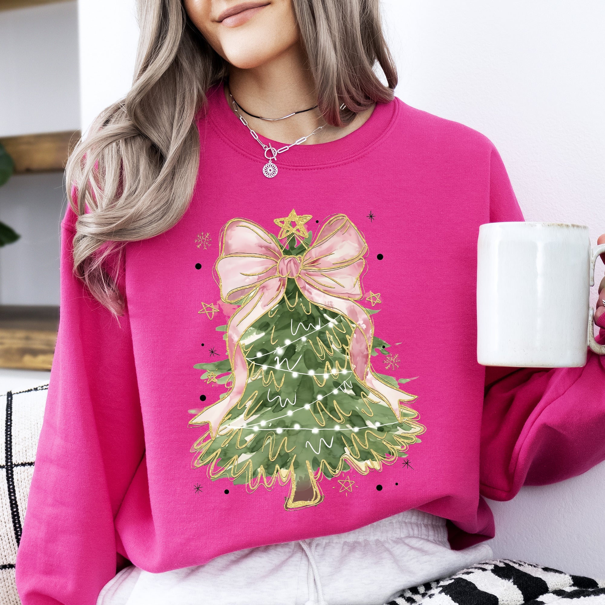 Beautiful Christmas Tree Coquette Ribbon Bows Xmas Ornament Theme Cozy Festive Print Sweatshirt