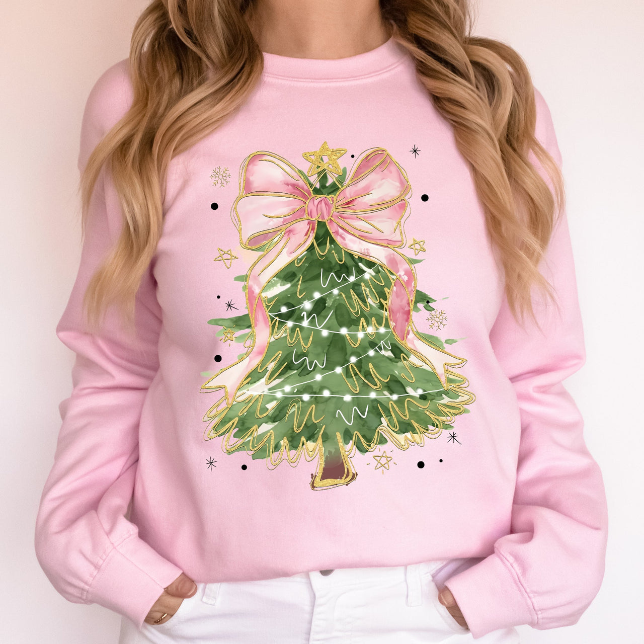 Beautiful Christmas Tree Coquette Ribbon Bows Xmas Ornament Theme Cozy Festive Print Sweatshirt