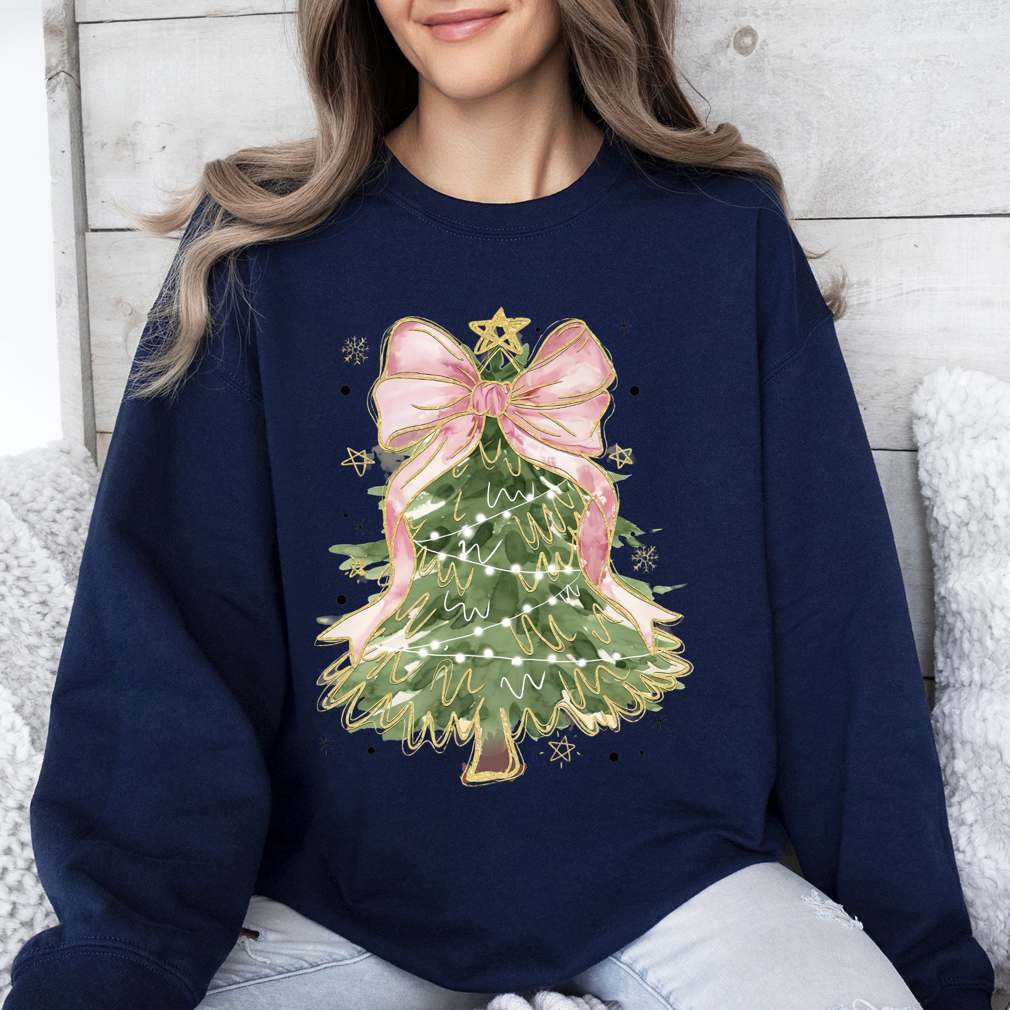 Beautiful Christmas Tree Coquette Ribbon Bows Xmas Ornament Theme Cozy Festive Print Sweatshirt
