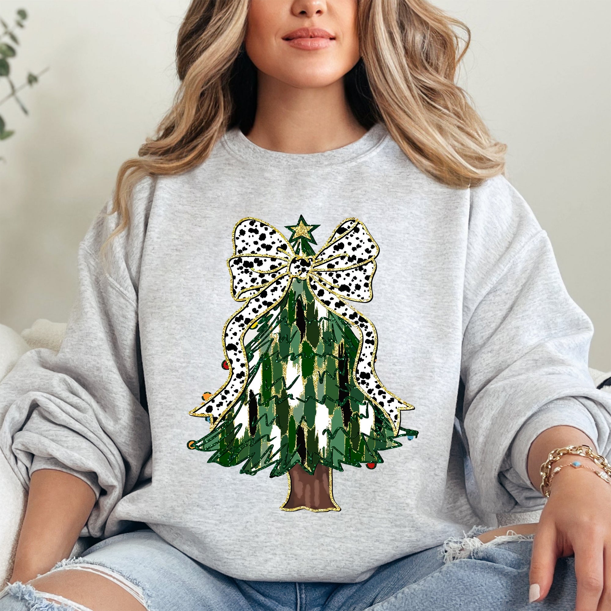 Beautiful Christmas Tree Dalmatian Print Ribbon Coquette Bow Holiday Cheerful Sweatshirt
