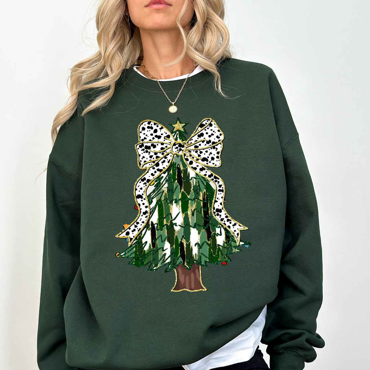 Beautiful Christmas Tree Dalmatian Print Ribbon Coquette Bow Holiday Cheerful Sweatshirt