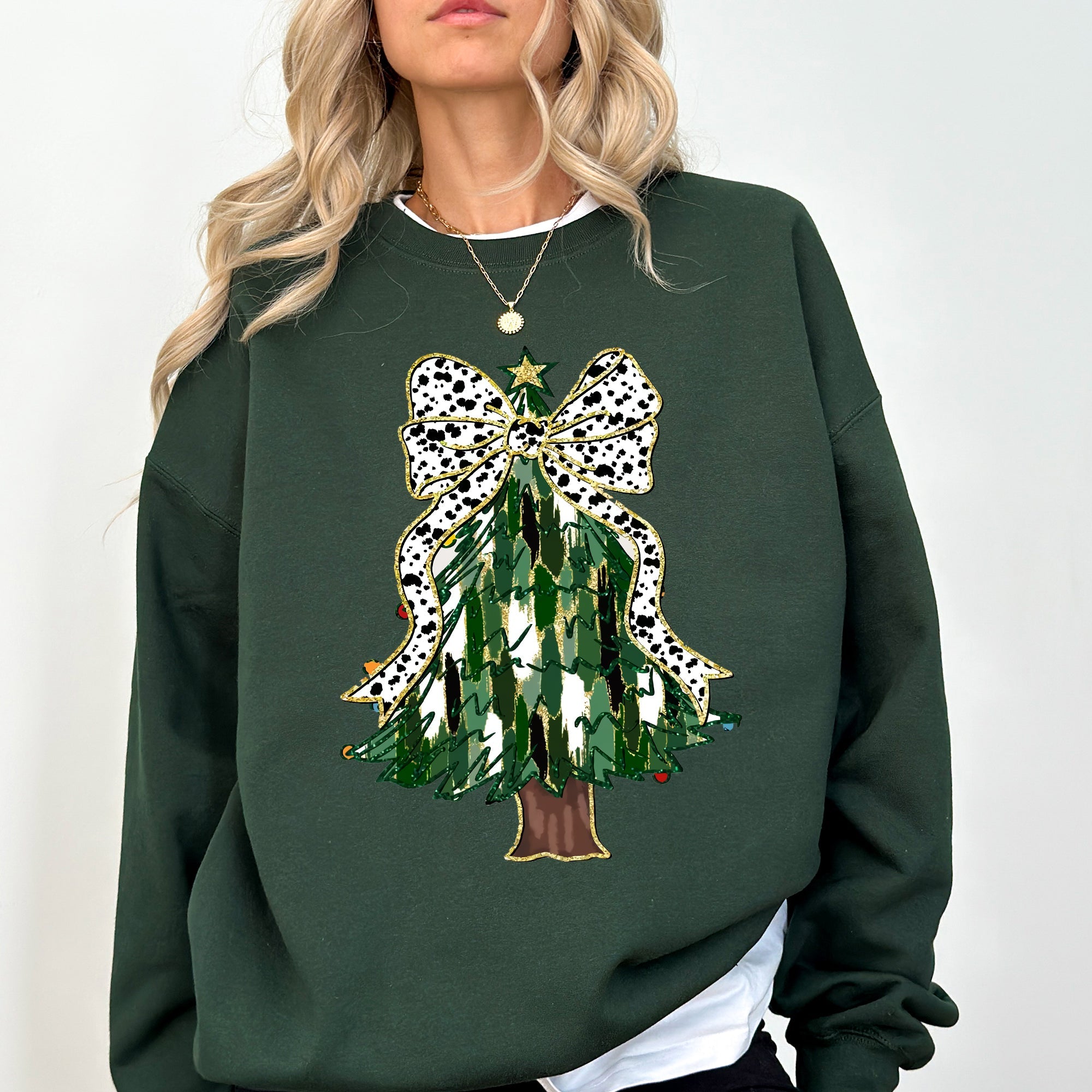 Beautiful Christmas Tree Dalmatian Print Ribbon Coquette Bow Holiday Cheerful Sweatshirt