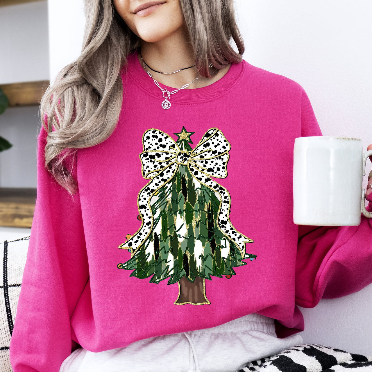 Beautiful Christmas Tree Dalmatian Print Ribbon Coquette Bow Holiday Cheerful Sweatshirt