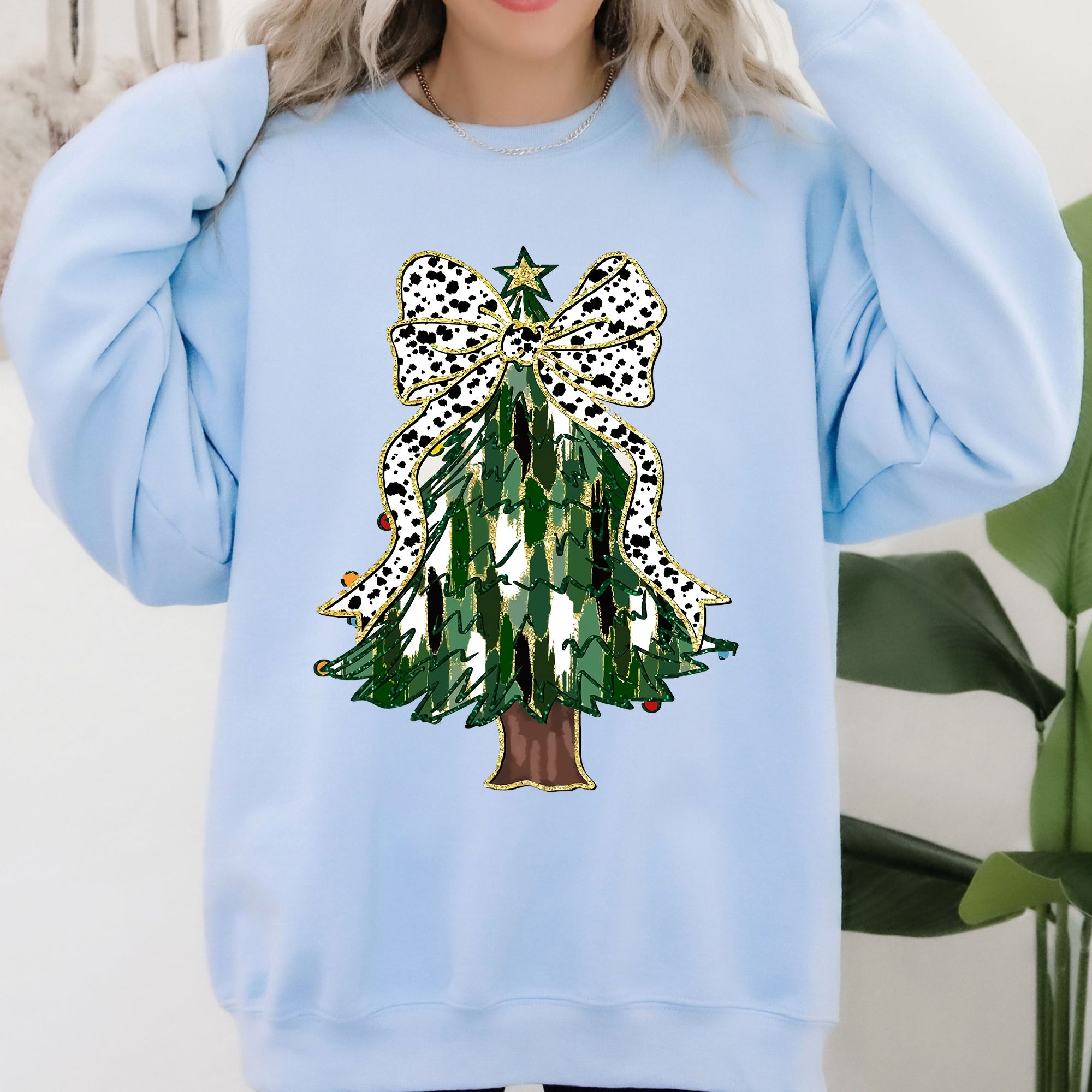 Beautiful Christmas Tree Dalmatian Print Ribbon Coquette Bow Holiday Cheerful Sweatshirt