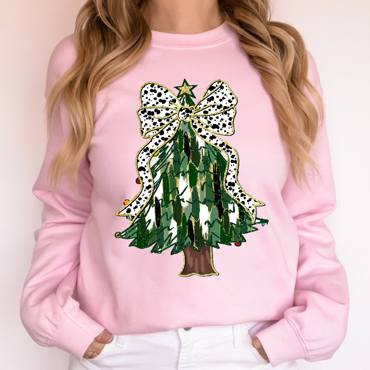 Beautiful Christmas Tree Dalmatian Print Ribbon Coquette Bow Holiday Cheerful Sweatshirt