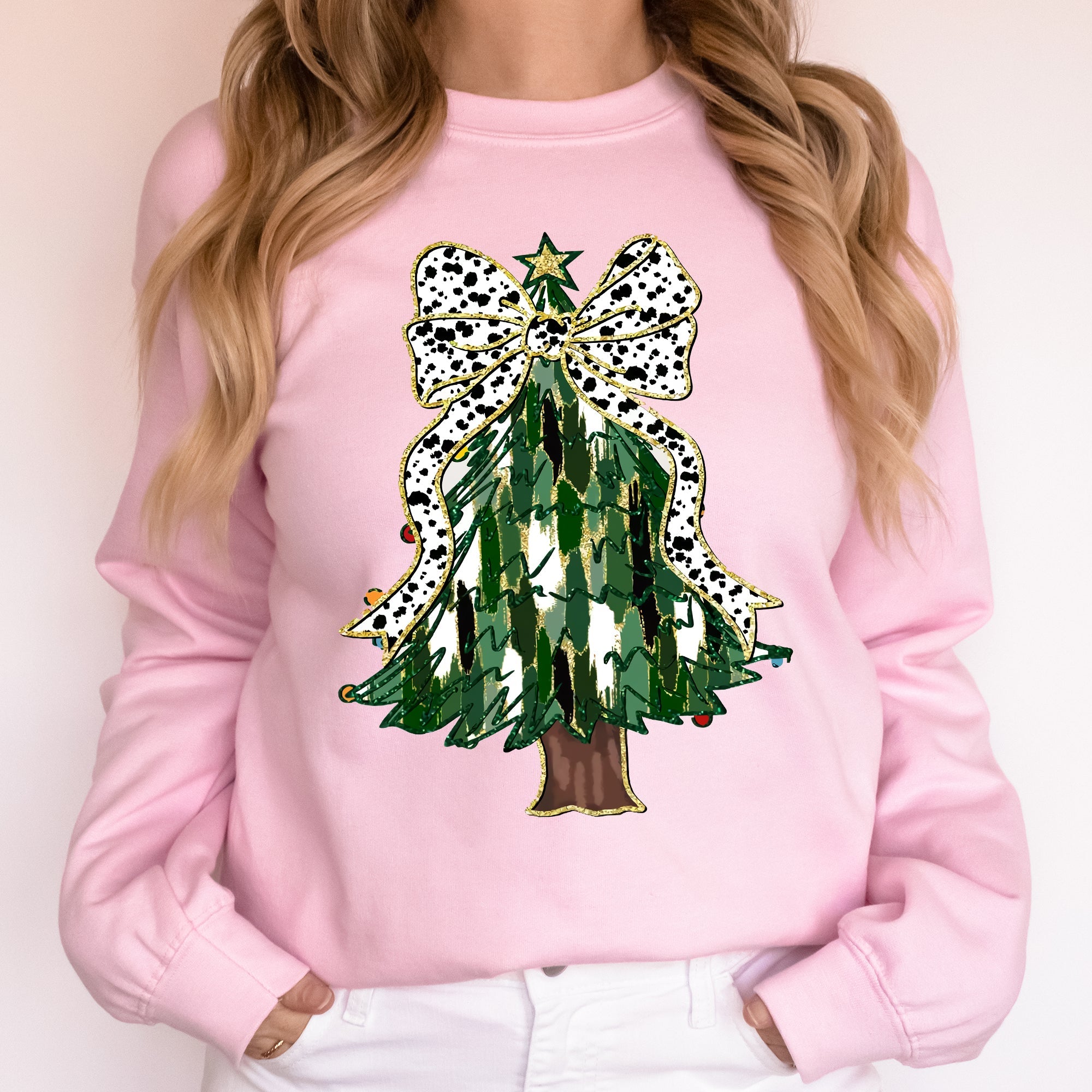 Beautiful Christmas Tree Dalmatian Print Ribbon Coquette Bow Holiday Cheerful Sweatshirt