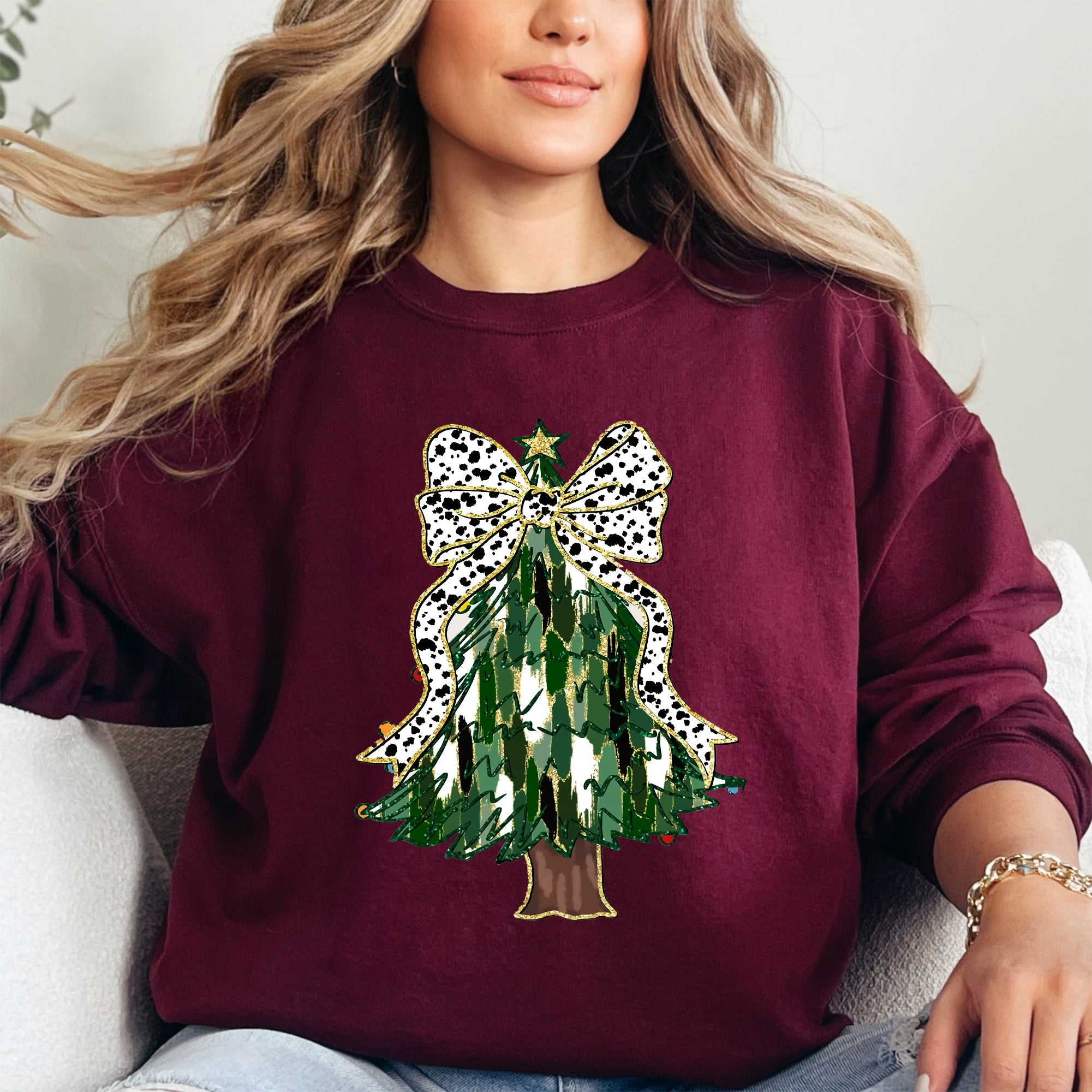 Beautiful Christmas Tree Dalmatian Print Ribbon Coquette Bow Holiday Cheerful Sweatshirt