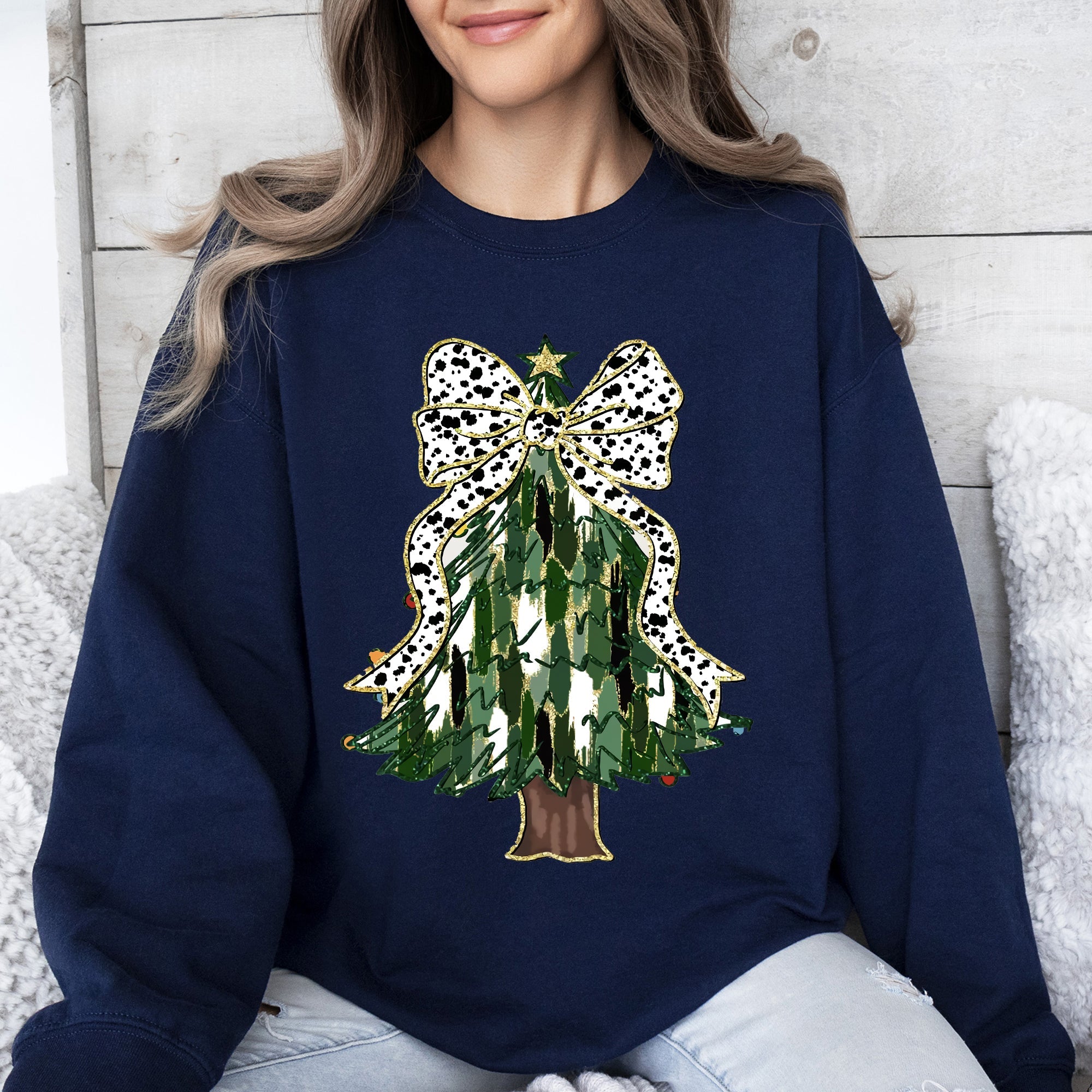 Beautiful Christmas Tree Dalmatian Print Ribbon Coquette Bow Holiday Cheerful Sweatshirt