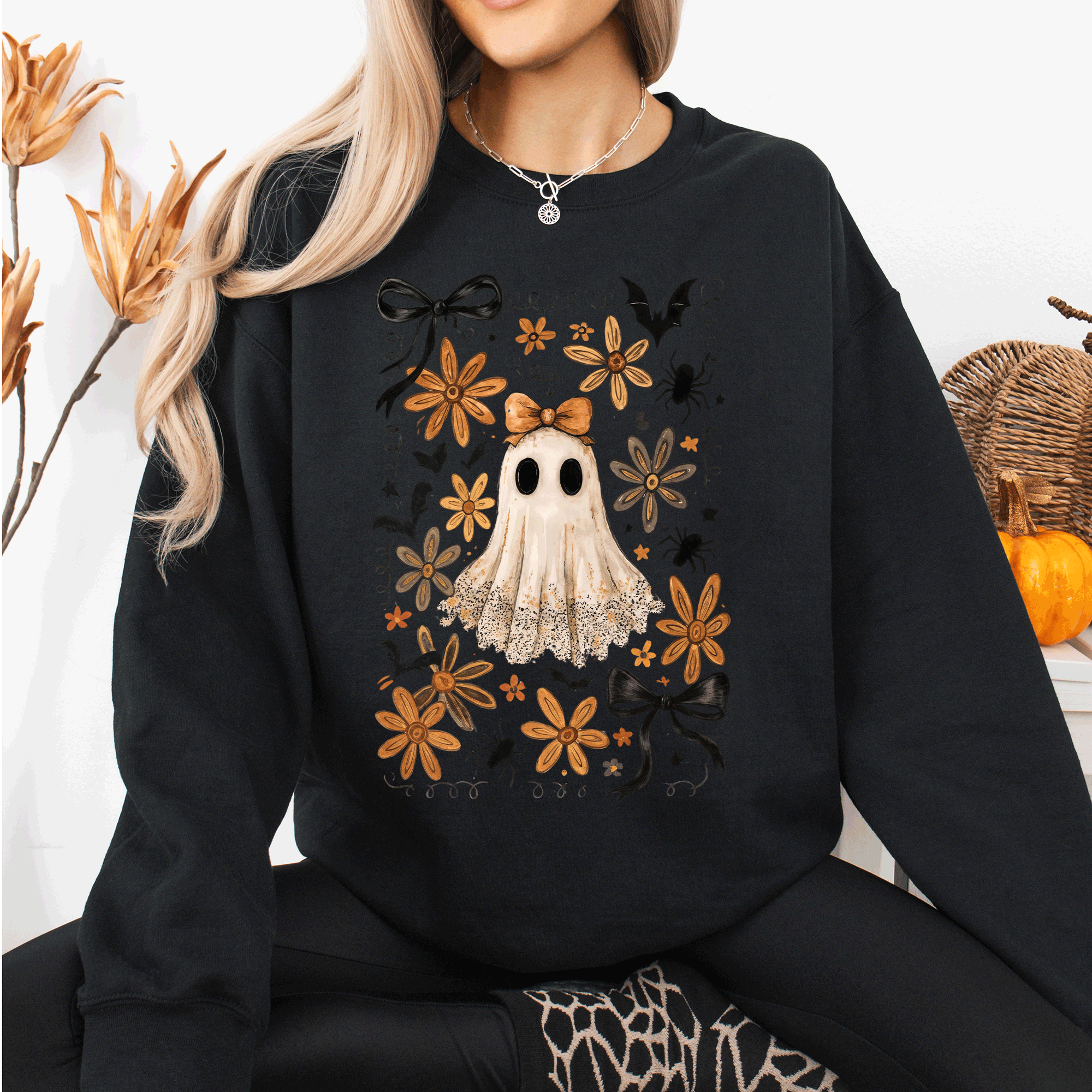 Beautiful Halloween, Bows, Bats, Flowers Boho Vintage Cozy Autumn Graphic Sweatshirt