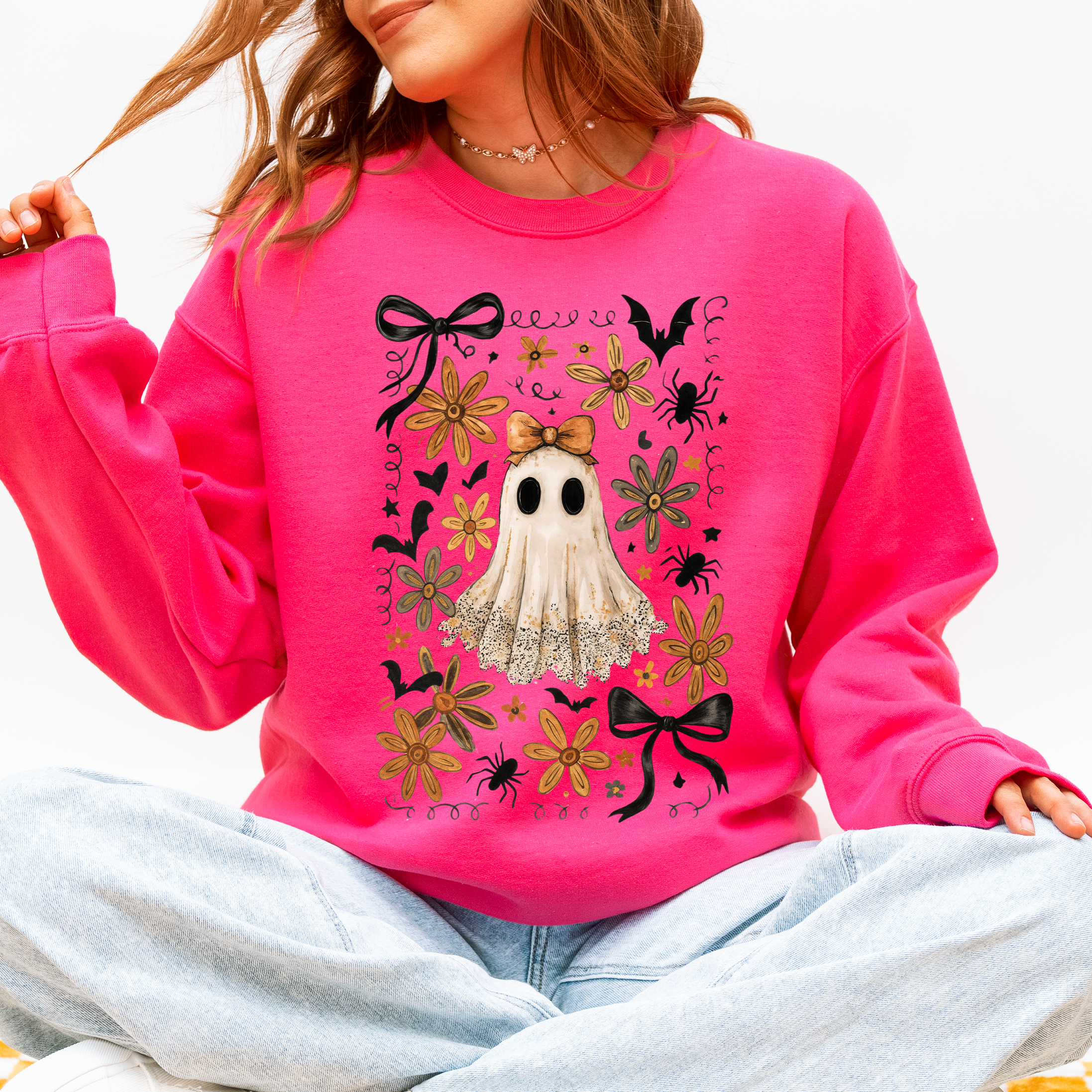 Beautiful Halloween, Bows, Bats, Flowers Boho Vintage Cozy Autumn Graphic Sweatshirt