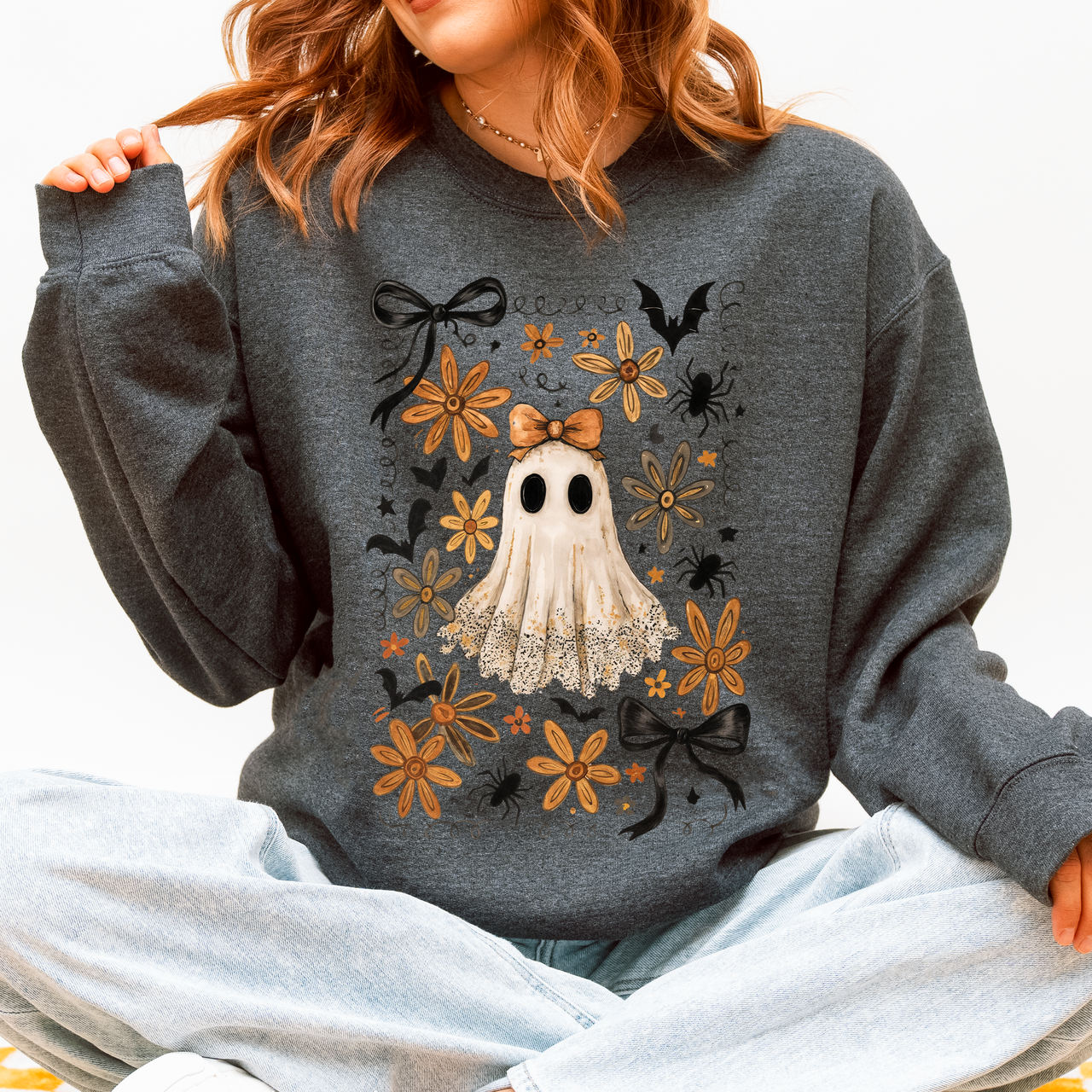Beautiful Halloween, Bows, Bats, Flowers Boho Vintage Cozy Autumn Graphic Sweatshirt